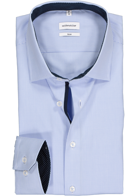 Seidensticker slim fit overhemd, blauw met wit geruit (contrast)   Seidensticker slim fit overhemd, blauw met wit geruit (contrast)