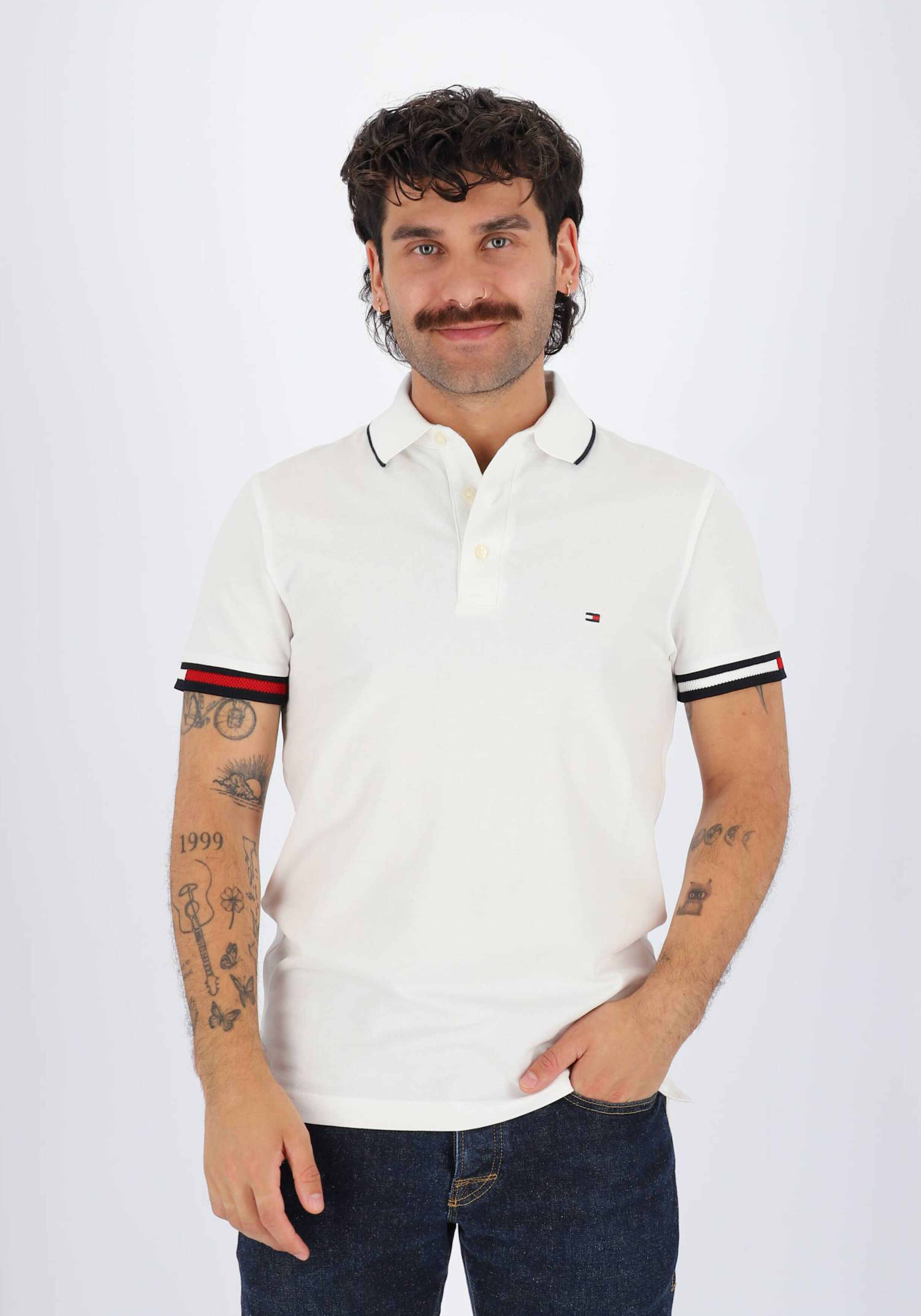 Tommy Hilfiger Flag Cuff Slim Polo, heren poloshirt, wit