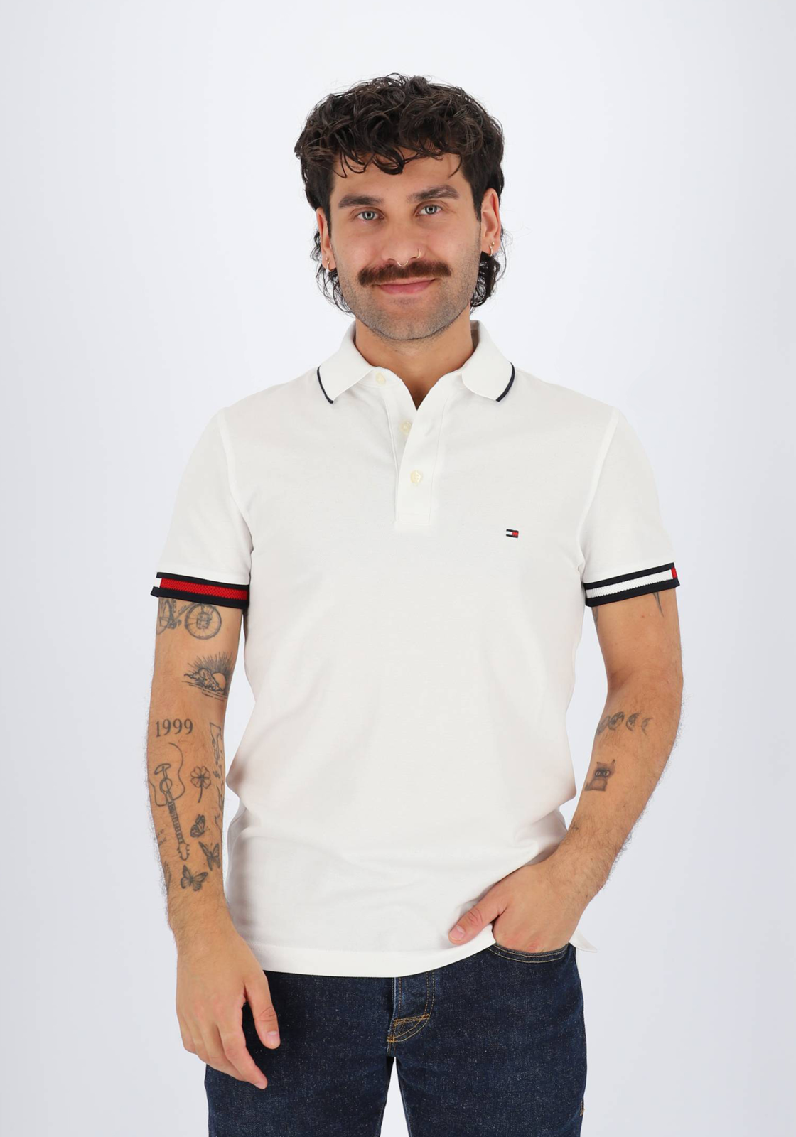 Tommy Hilfiger Flag Cuff Slim Polo, heren poloshirt, wit Tommy Hilfiger Flag Cuff Slim Polo, heren poloshirt, wit