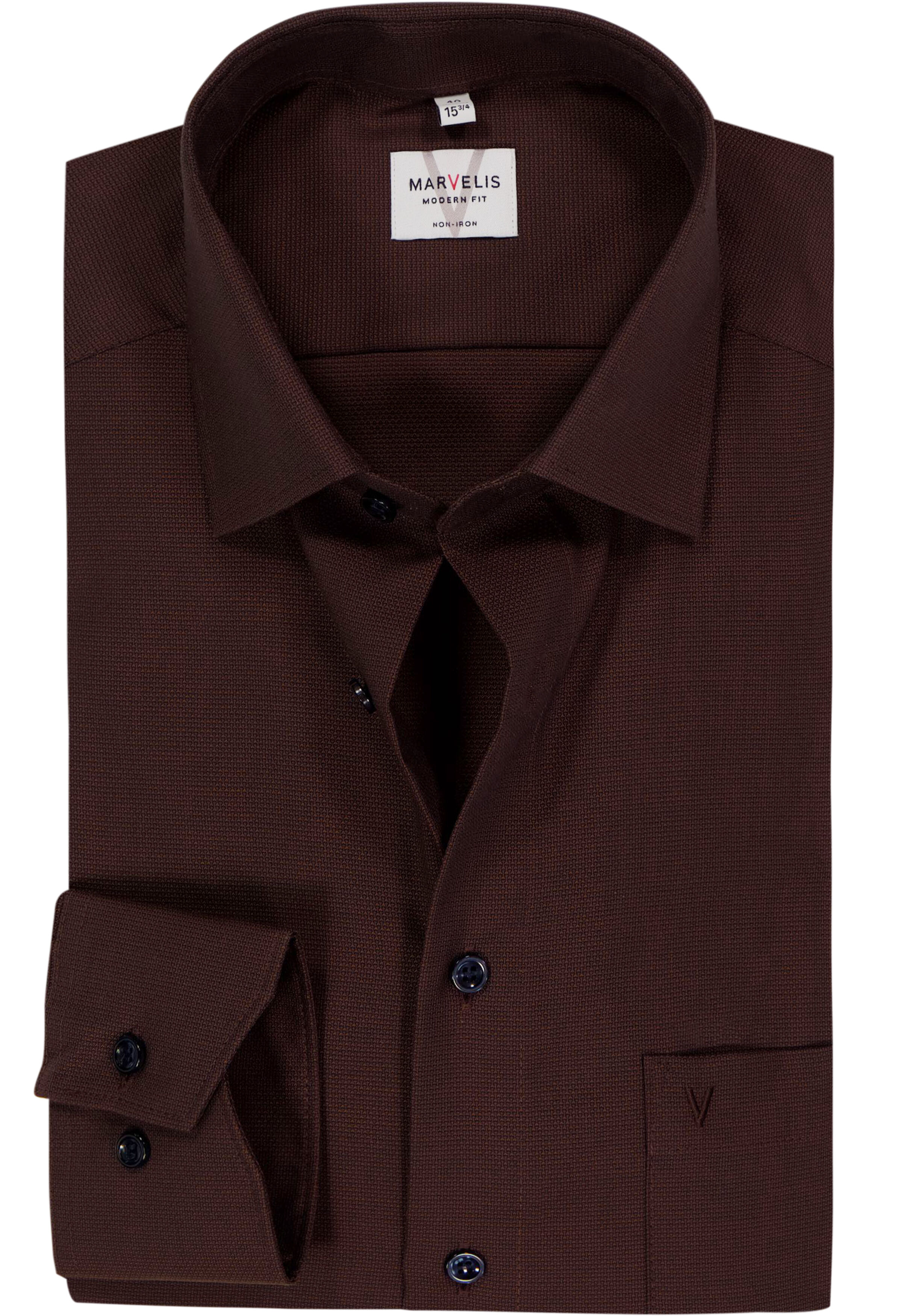 MARVELIS modern fit overhemd, structuur, chocoladebruin