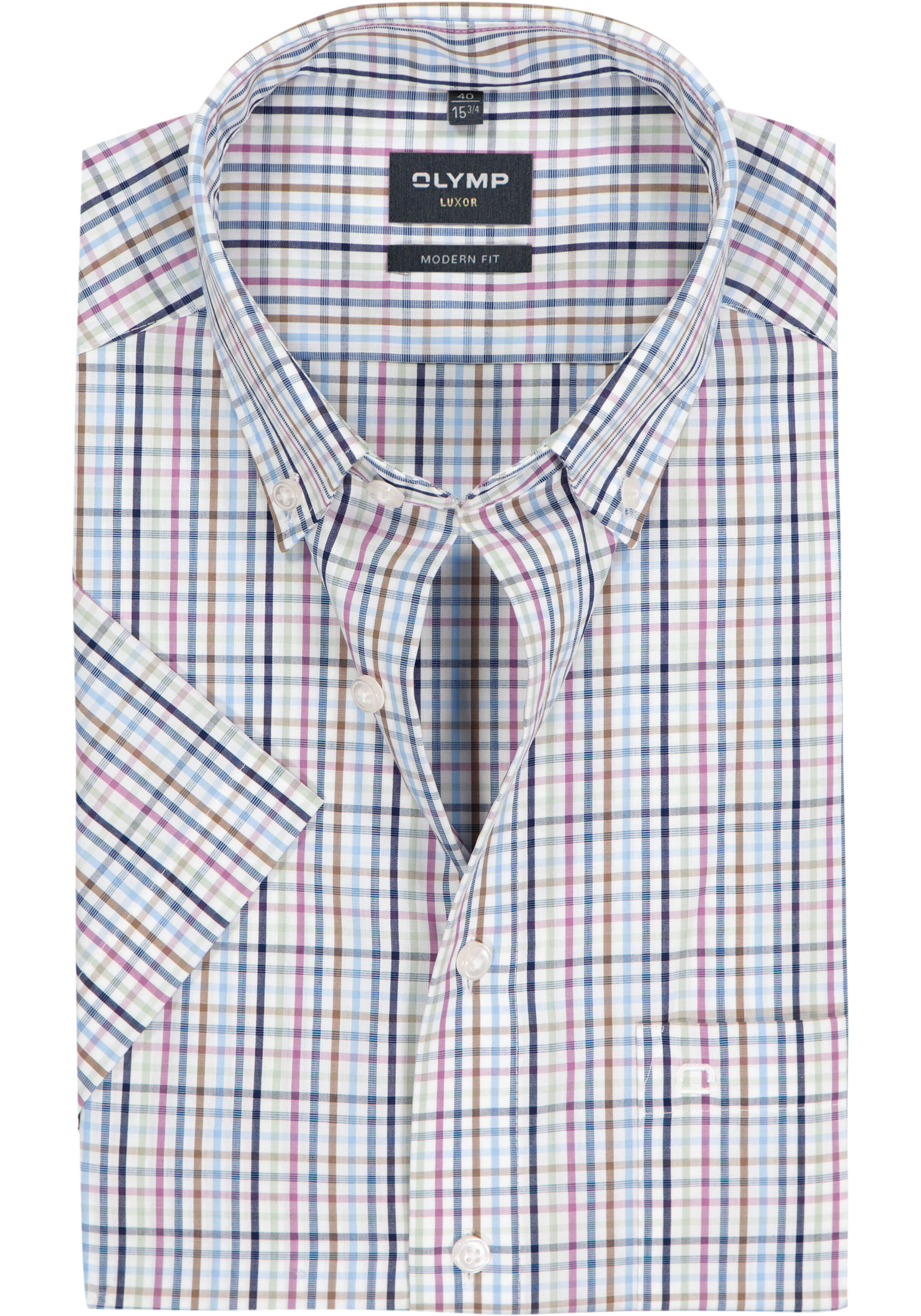 OLYMP Luxor modern fit overhemd, korte mouw, popeline, wit met blauw en bruin geruit