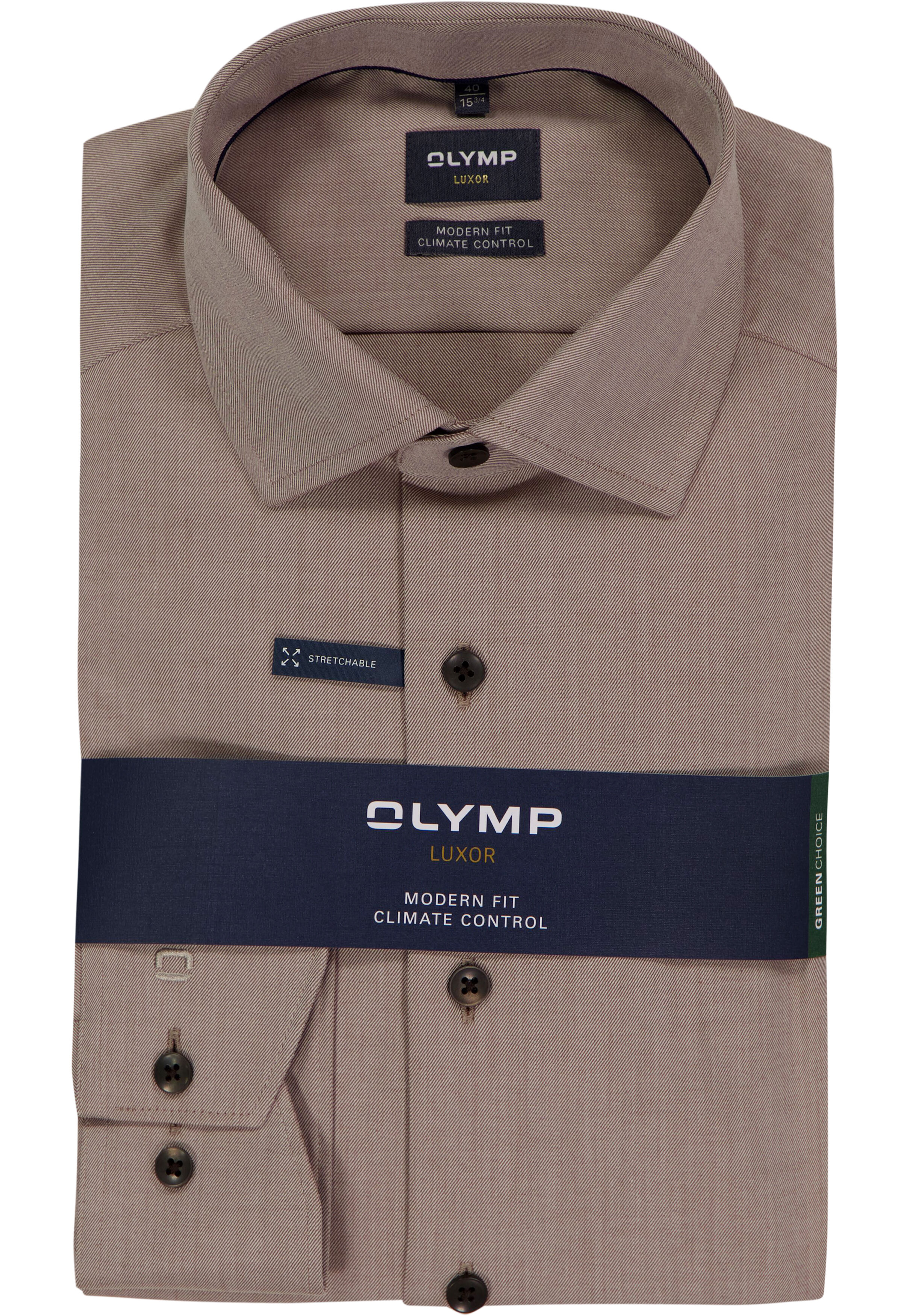 OLYMP 24/7 Luxor modern fit overhemd, twill, noga bruin