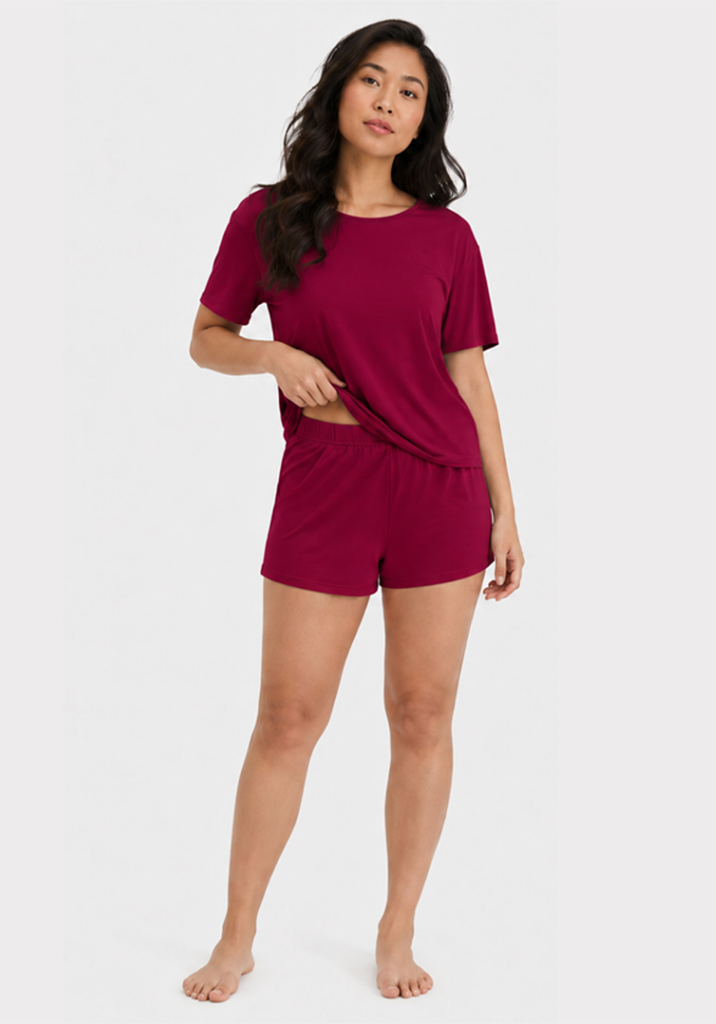 Bamboo Basics Nicole shortama set, dames shortama, bordeaux rood