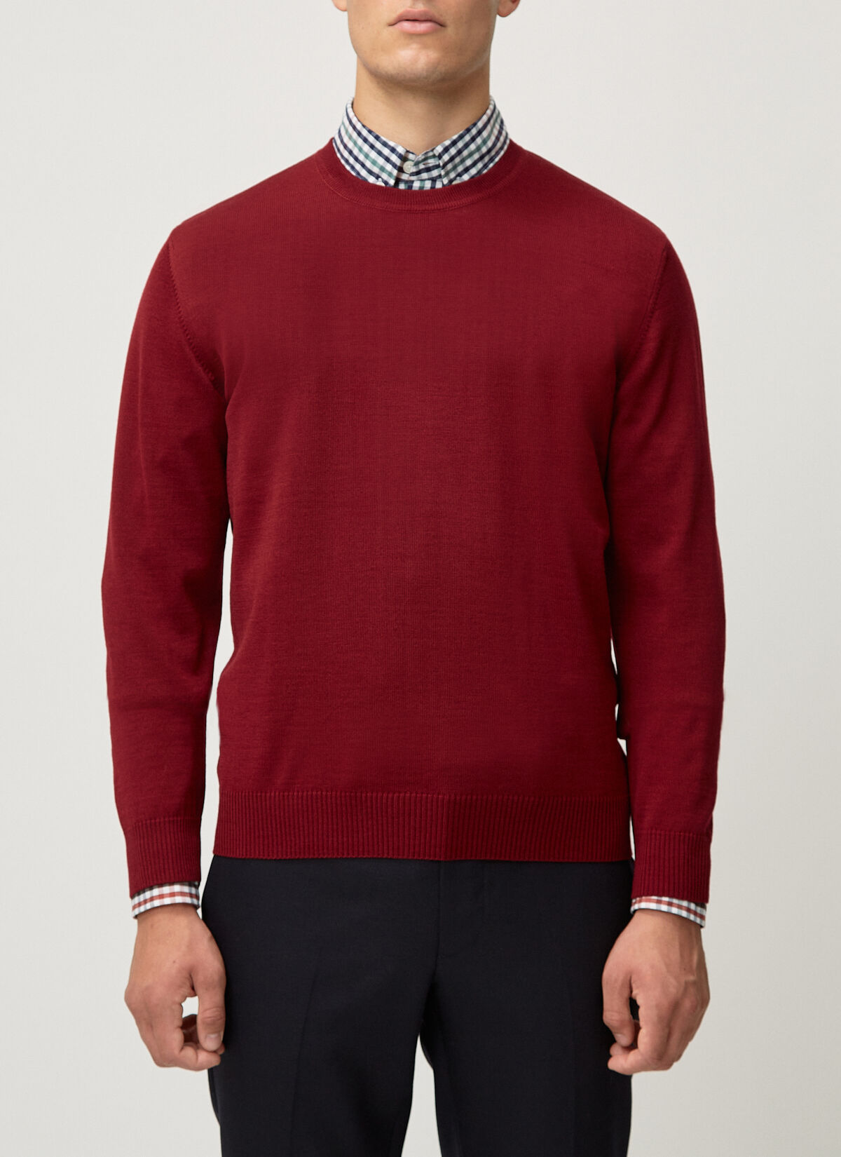 MAERZ Classic Fit heren trui met O-hals wol, wijnrood