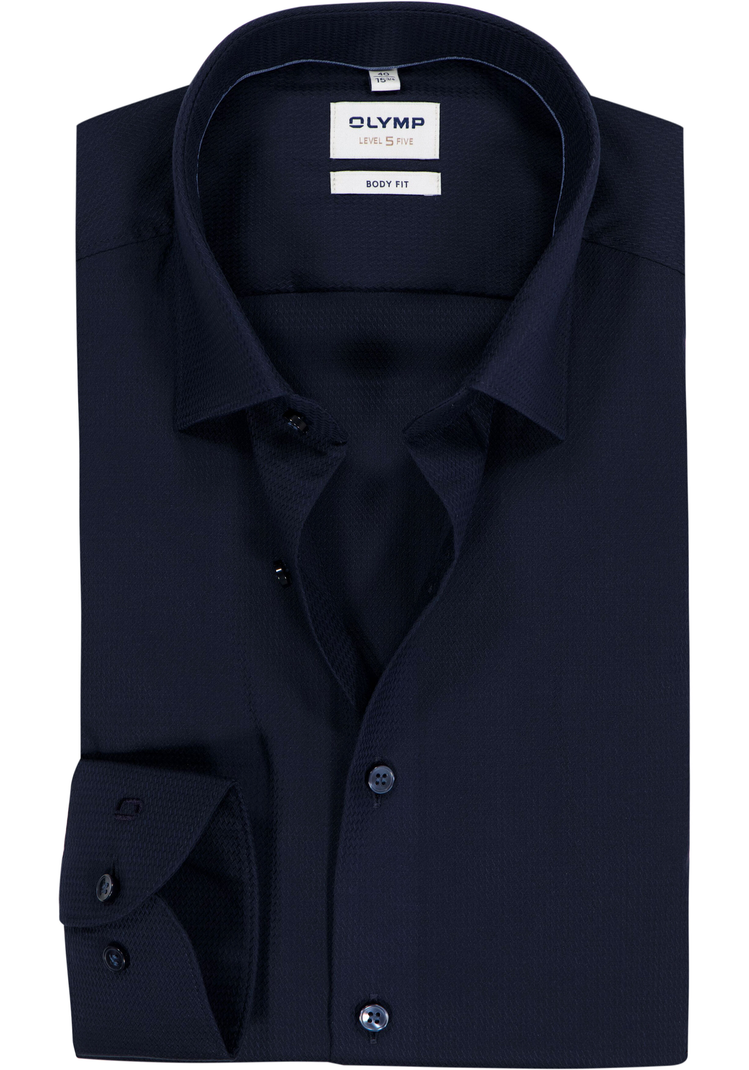 OLYMP Level 5 body fit overhemd, mouwlengte 7, structuur, marine blauw