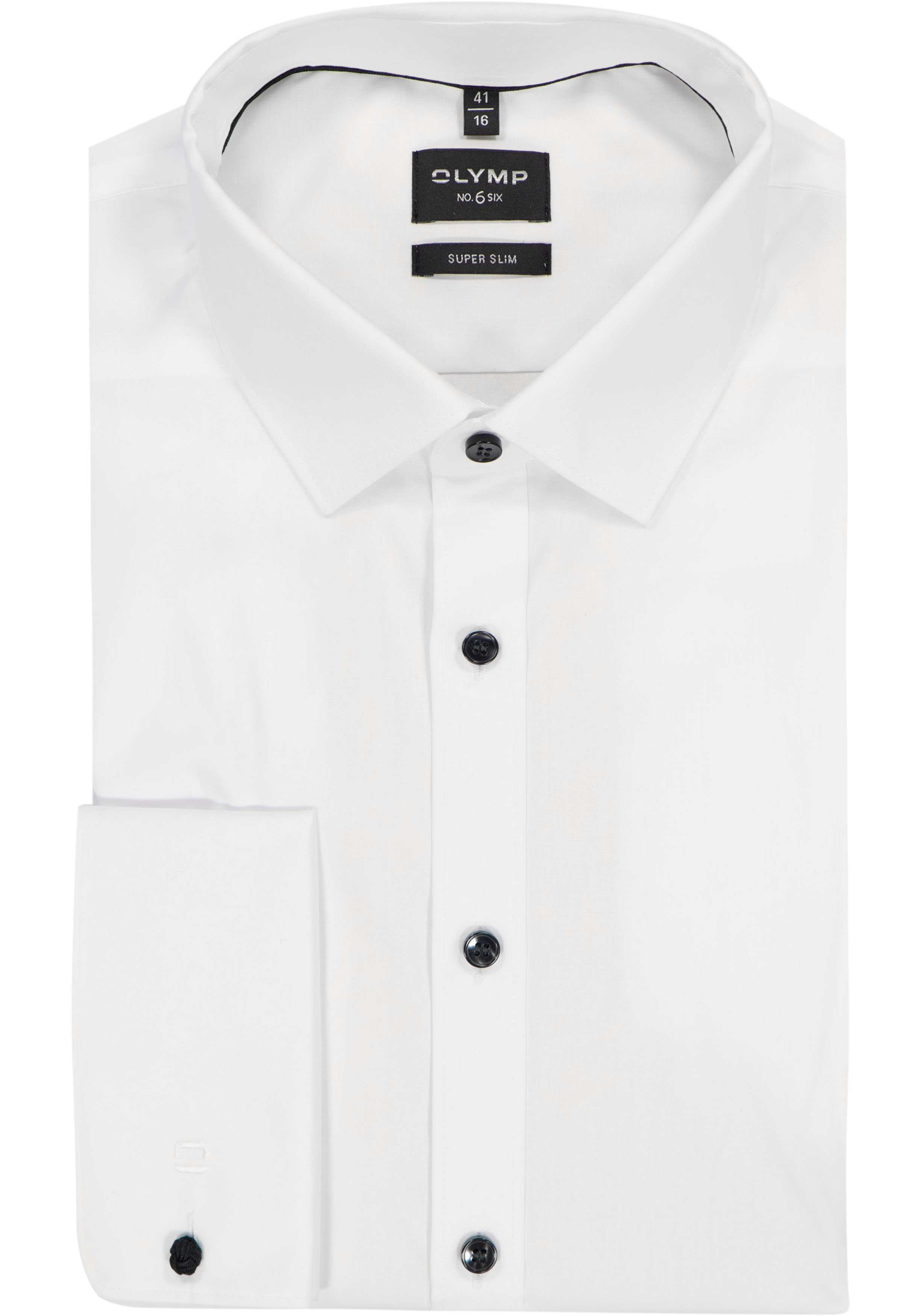OLYMP No. Six super slim fit overhemd, dubbele manchet, wit met zwarte knoopjes 