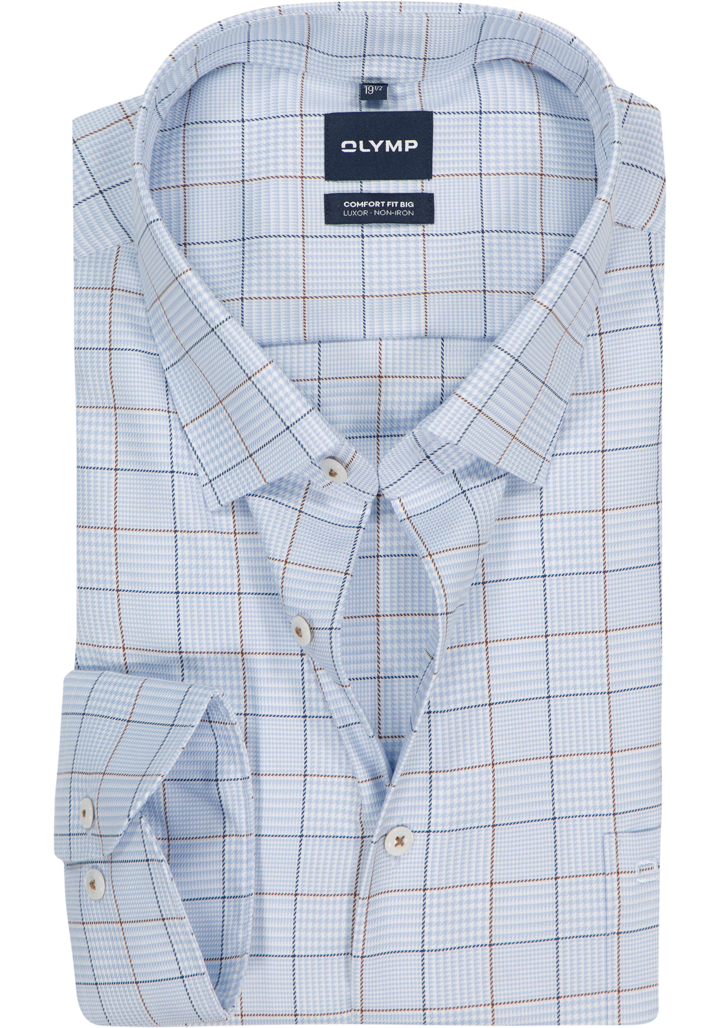 OLYMP Luxor comfort fit Big overhemd, popeline, lichtblauw met bruin en donkerblauw en wit geruit