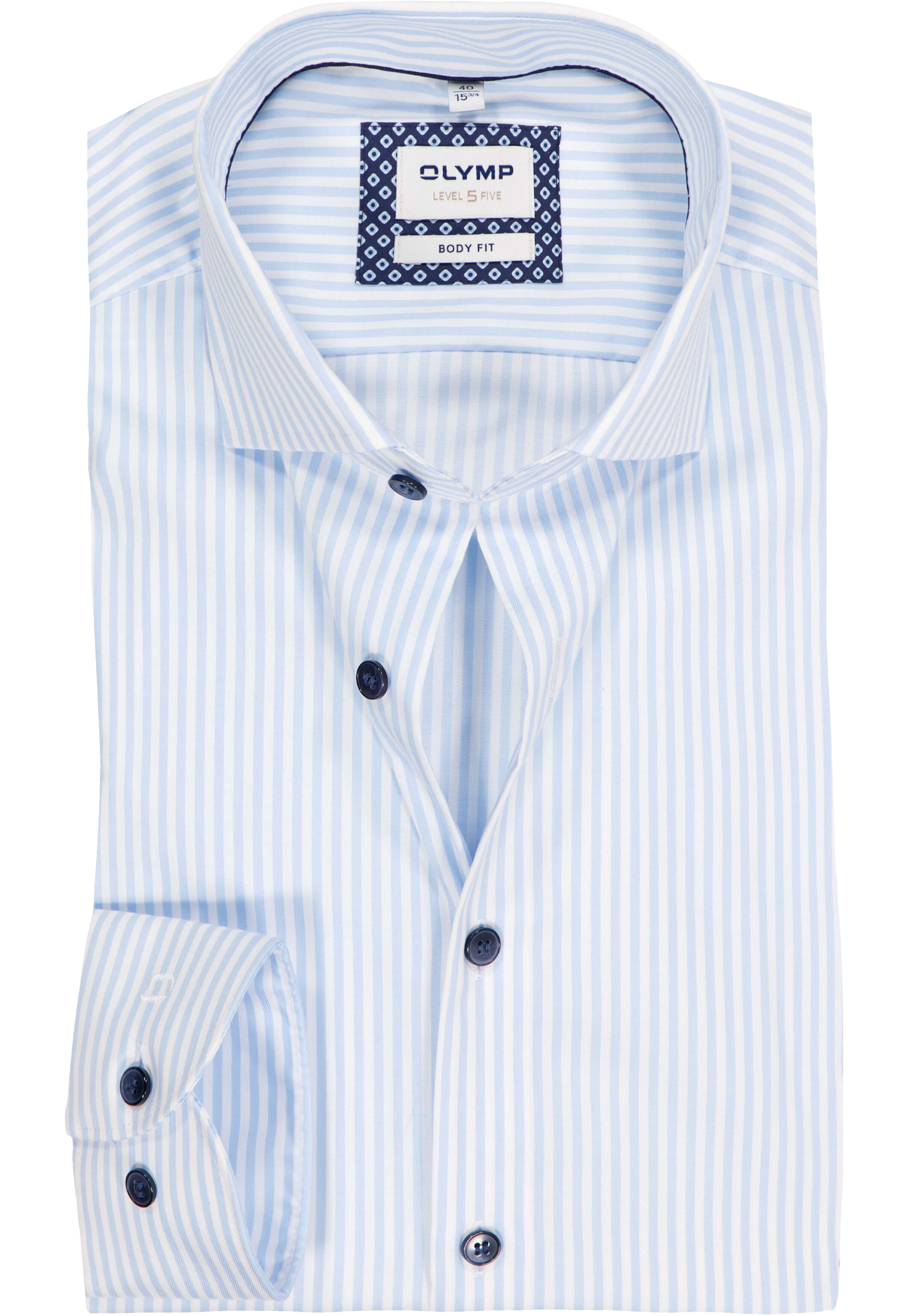 OLYMP Level 5 body fit overhemd, mouwlengte 7, twill, bleu gestreept