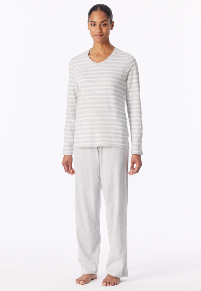 SCHIESSER dames Cotton Essentials Pyjama lang, dames pyjama set, zilvergrijs melange gestreept