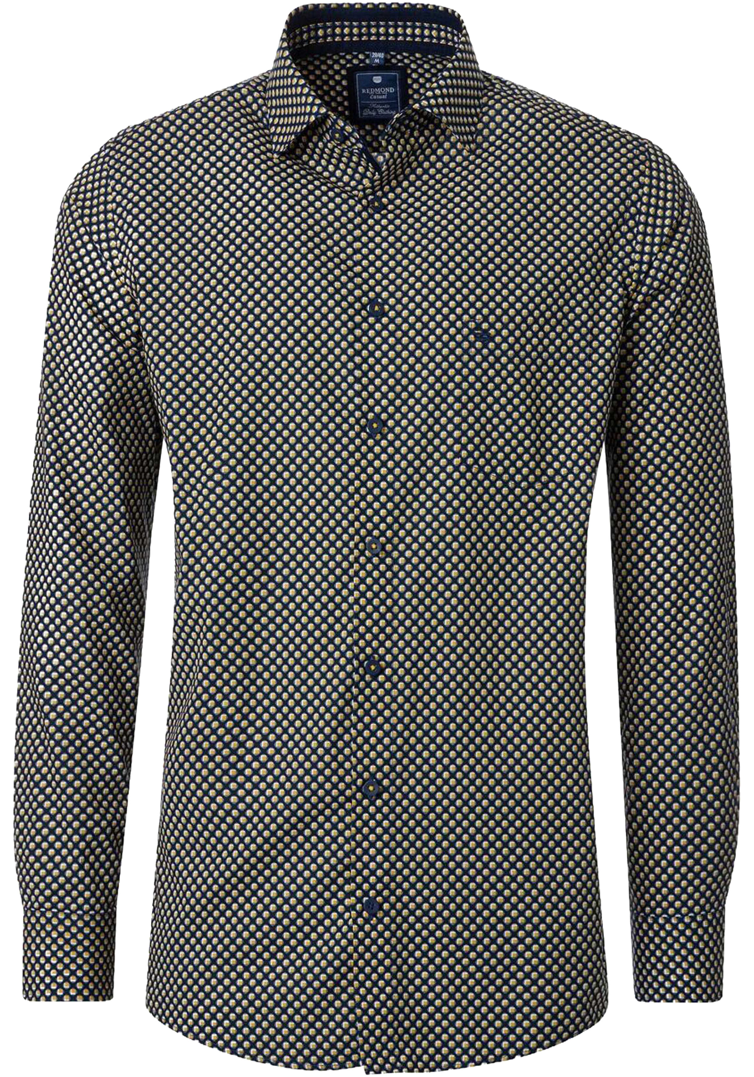 Redmond comfort fit overhemd, popeline, donkerblauw met geel, wit en lichtblauw dessin