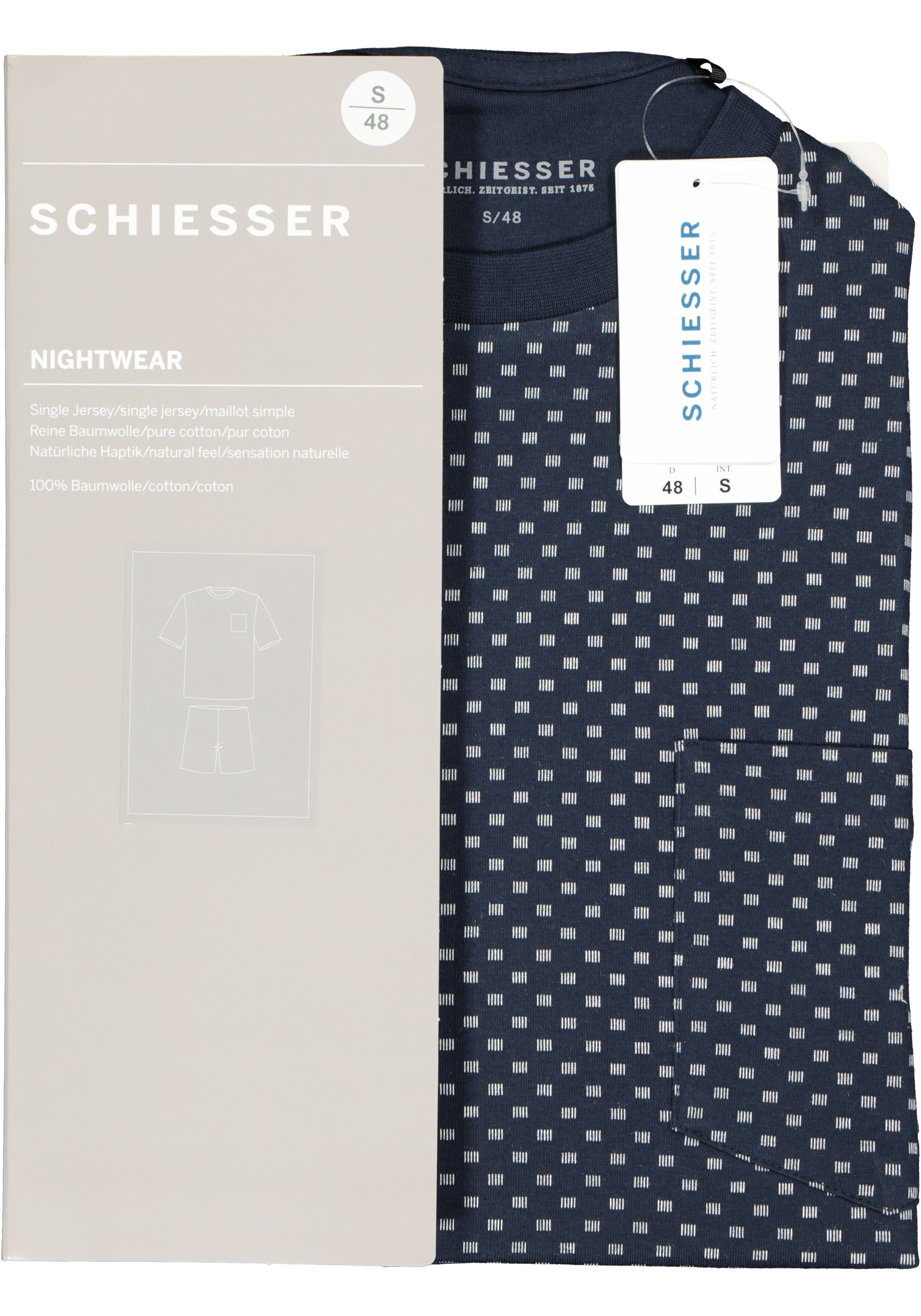SCHIESSER heren shortama, O-hals, blauw met wit dessin