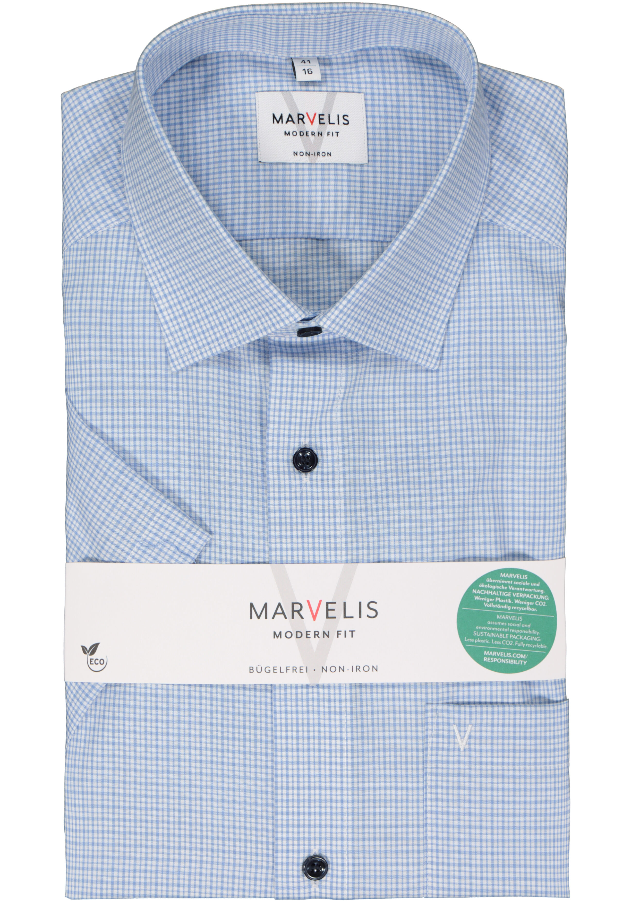 MARVELIS modern fit overhemd, korte mouw, popeline, lichtblauw met wit geruit