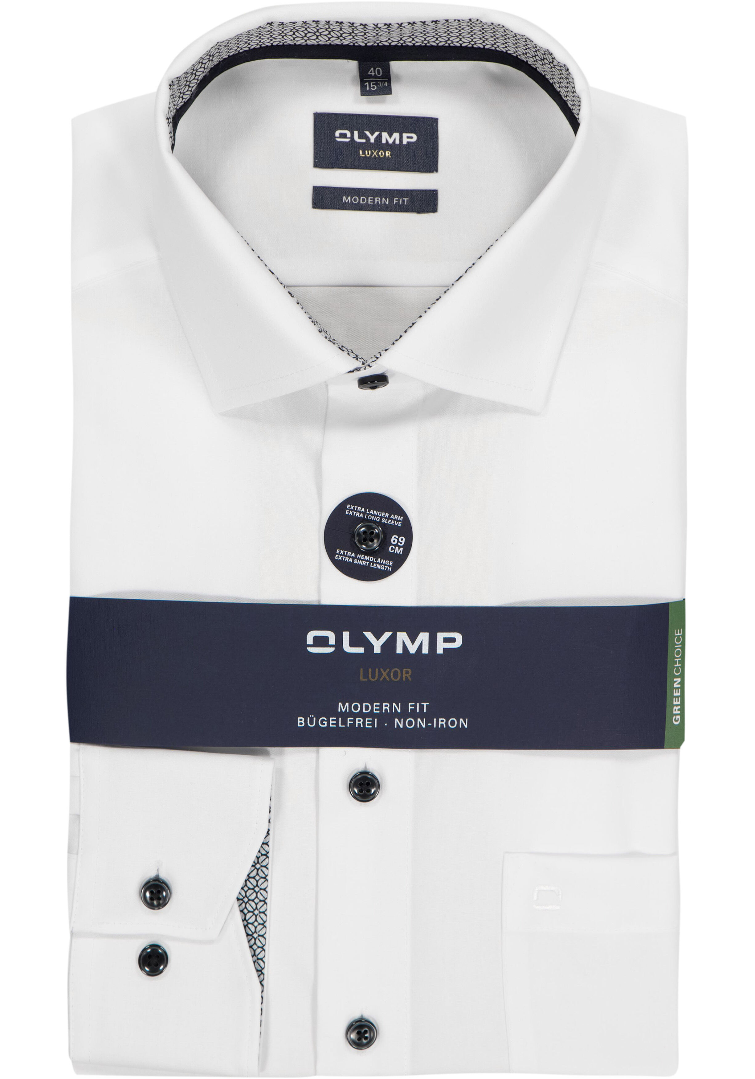 OLYMP Luxor modern fit overhemd, mouwlengte 7, wit (zwart contrast) 