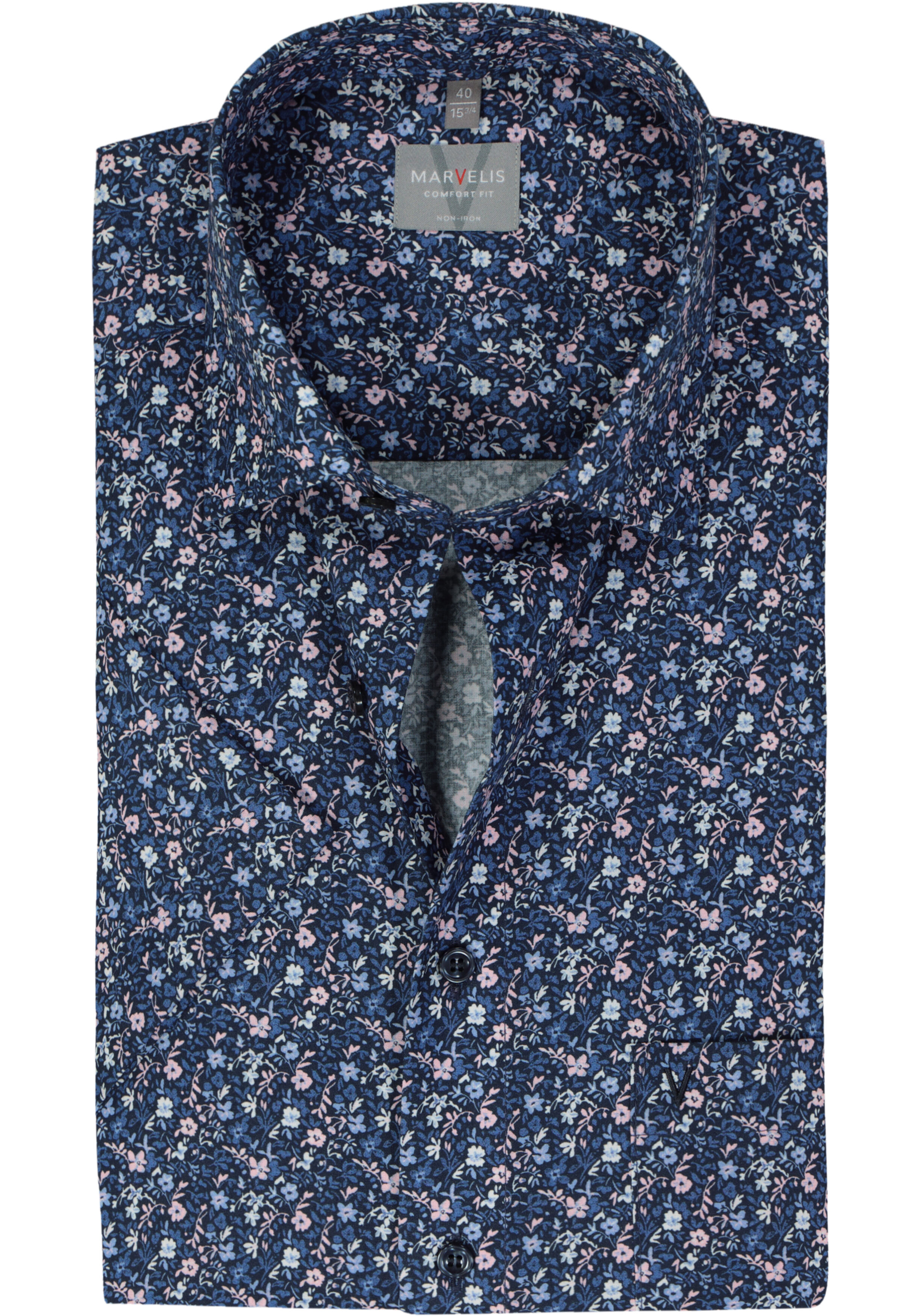 MARVELIS comfort fit overhemd, korte mouw, popeline, donkerblauw dessin