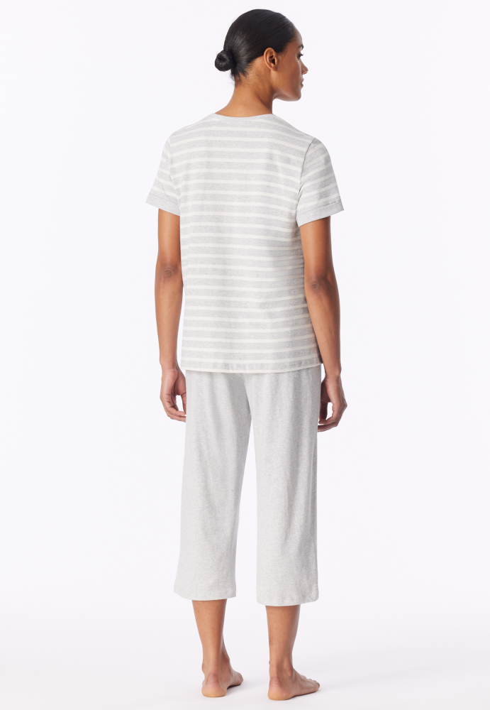 SCHIESSER dames Cotton Essentials Pyjama lang, dames pyjama set, zilvergrijs melange gestreept