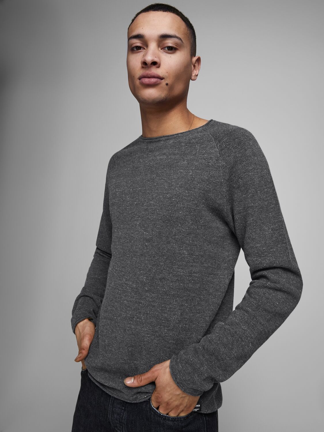 JACK & JONES Hill knit crew neck slim fit, heren pullover katoen met O-hals, donkergrijs melange
