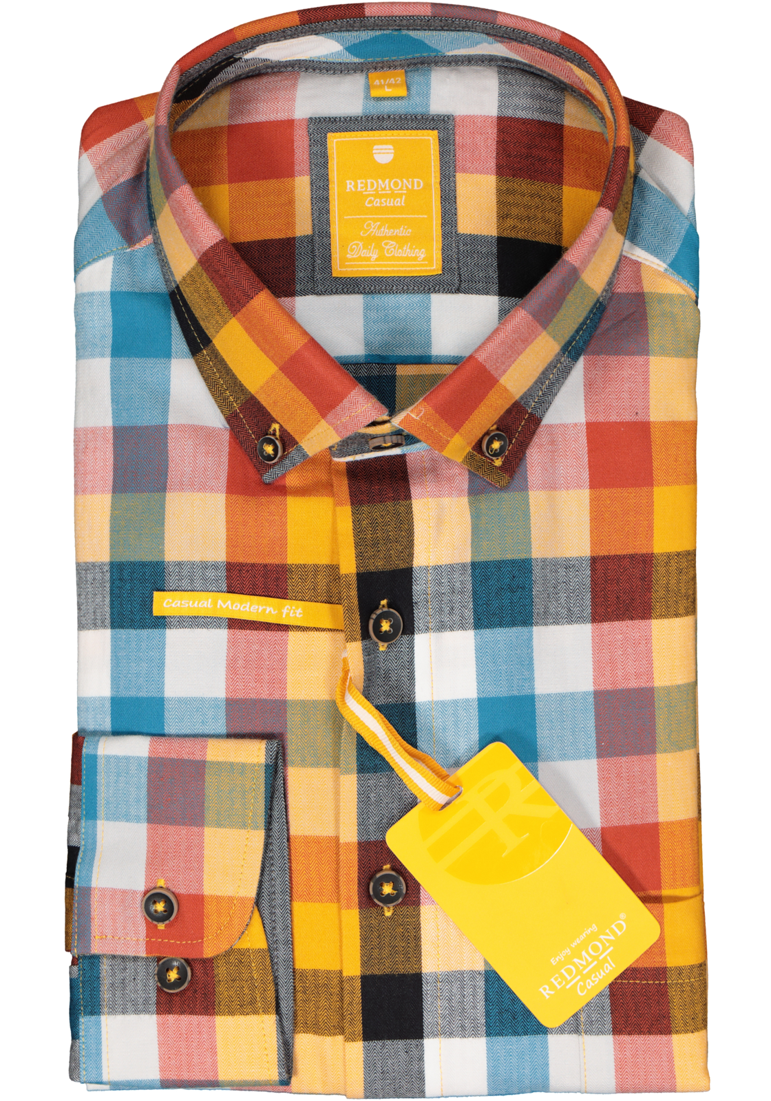 2-4061933332473_Redmond_overhemd_HR Redmond modern fit overhemd, herringbone, blauw, rood, geel en petrol geruit