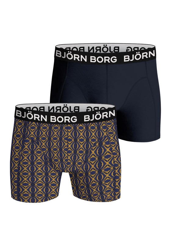 Bjorn Borg Bamboo Cotton Blend boxers, heren boxers normale lengte (2-pack), donkerblauw en blauw met gele print Bjorn Borg Bamboo Cotton Blend boxers, heren boxers normale lengte (2-pack), donkerblauw en blauw met gele print