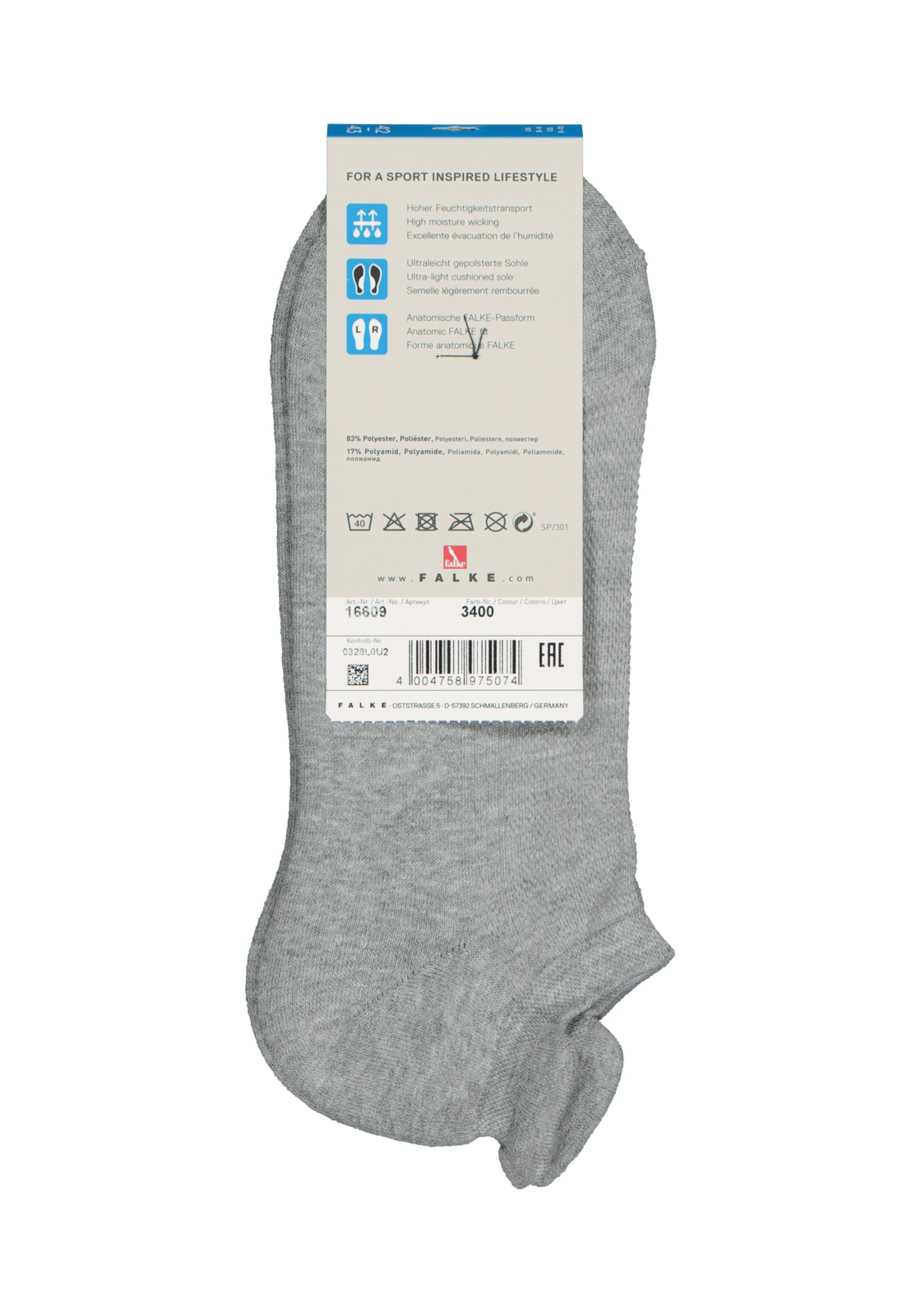 4-4004758975074_falke_sokken_1p_HR FALKE Cool Kick unisex enkelsokken, lichtgrijs (light grey)