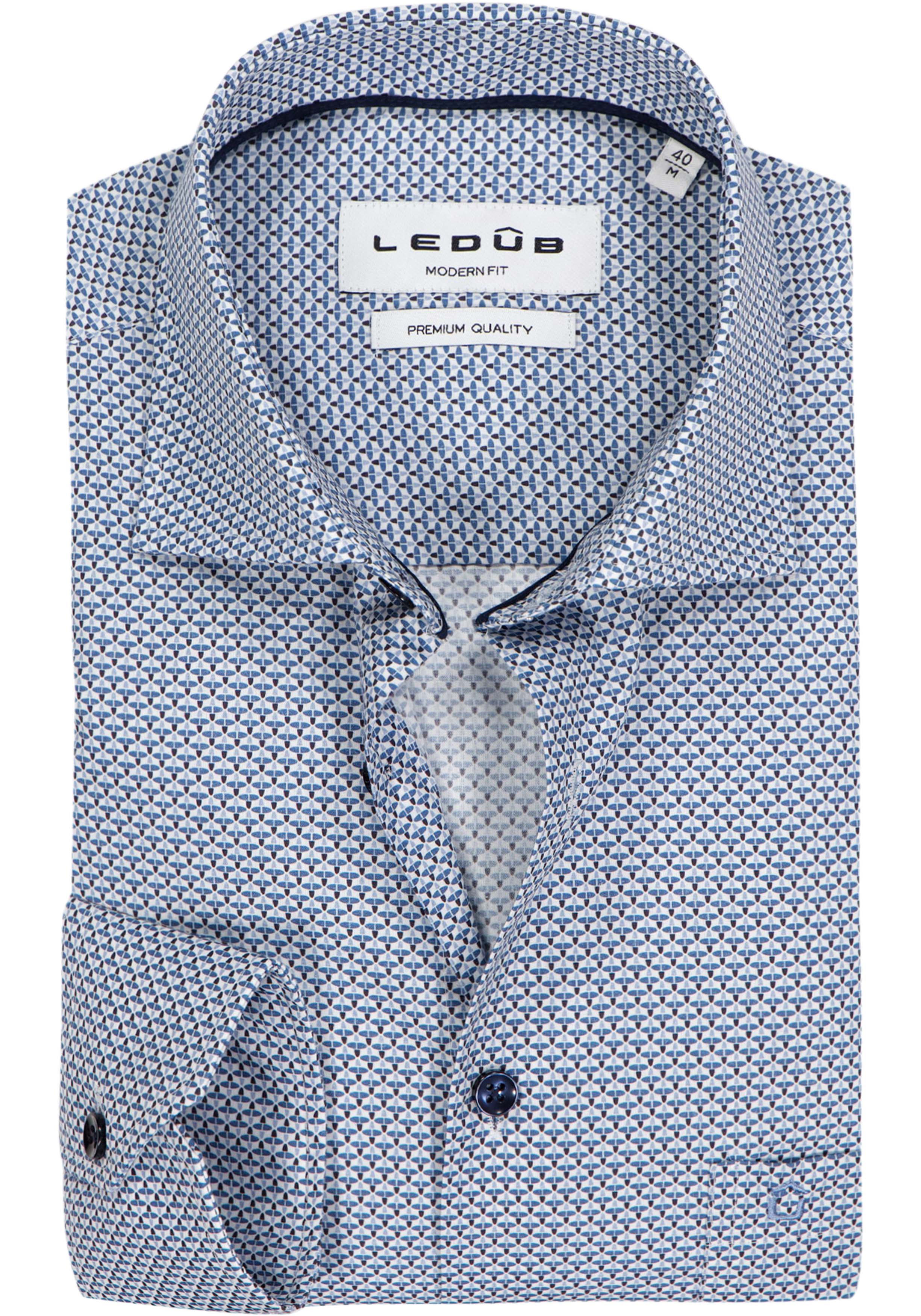 Ledub modern fit overhemd, popeline, donker- en lichtblauw met wit dessin