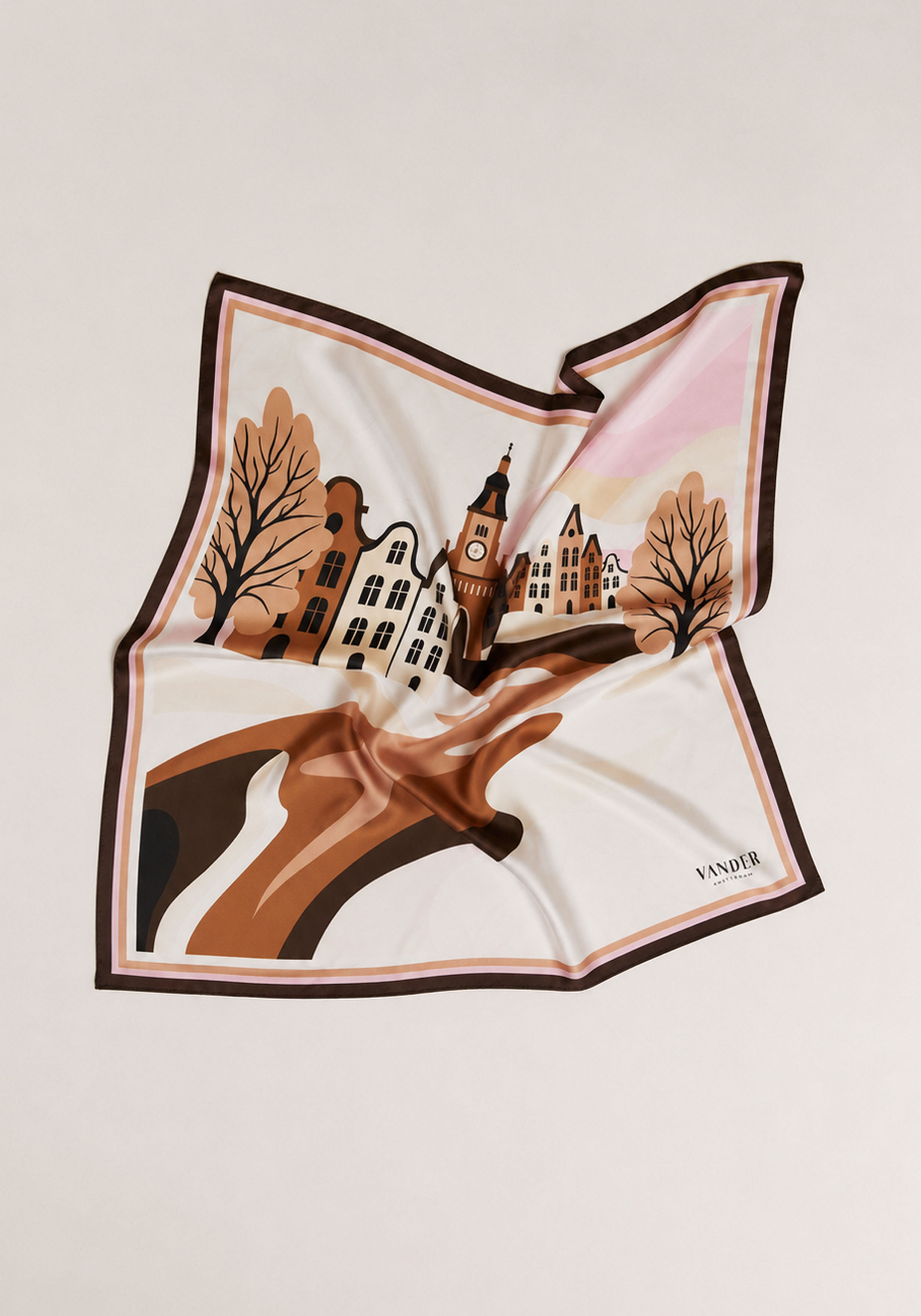 Vander Amsterdam zijden sjaal twill, roze met bruin dessin