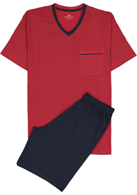 Gotzburg heren shortama, V-hals, rood met blauw en wit dessin Gotzburg heren shortama, V-hals, rood met blauw en wit dessin