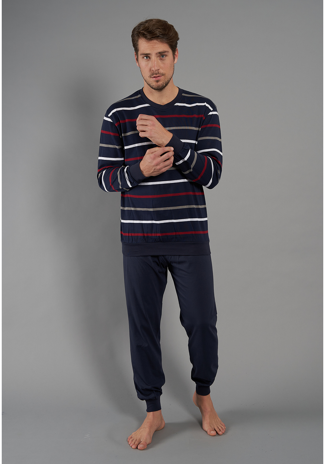 image_2_452031-4065-0632-01 Gotzburg heren pyjama O-hals, donkerblauw gestreept