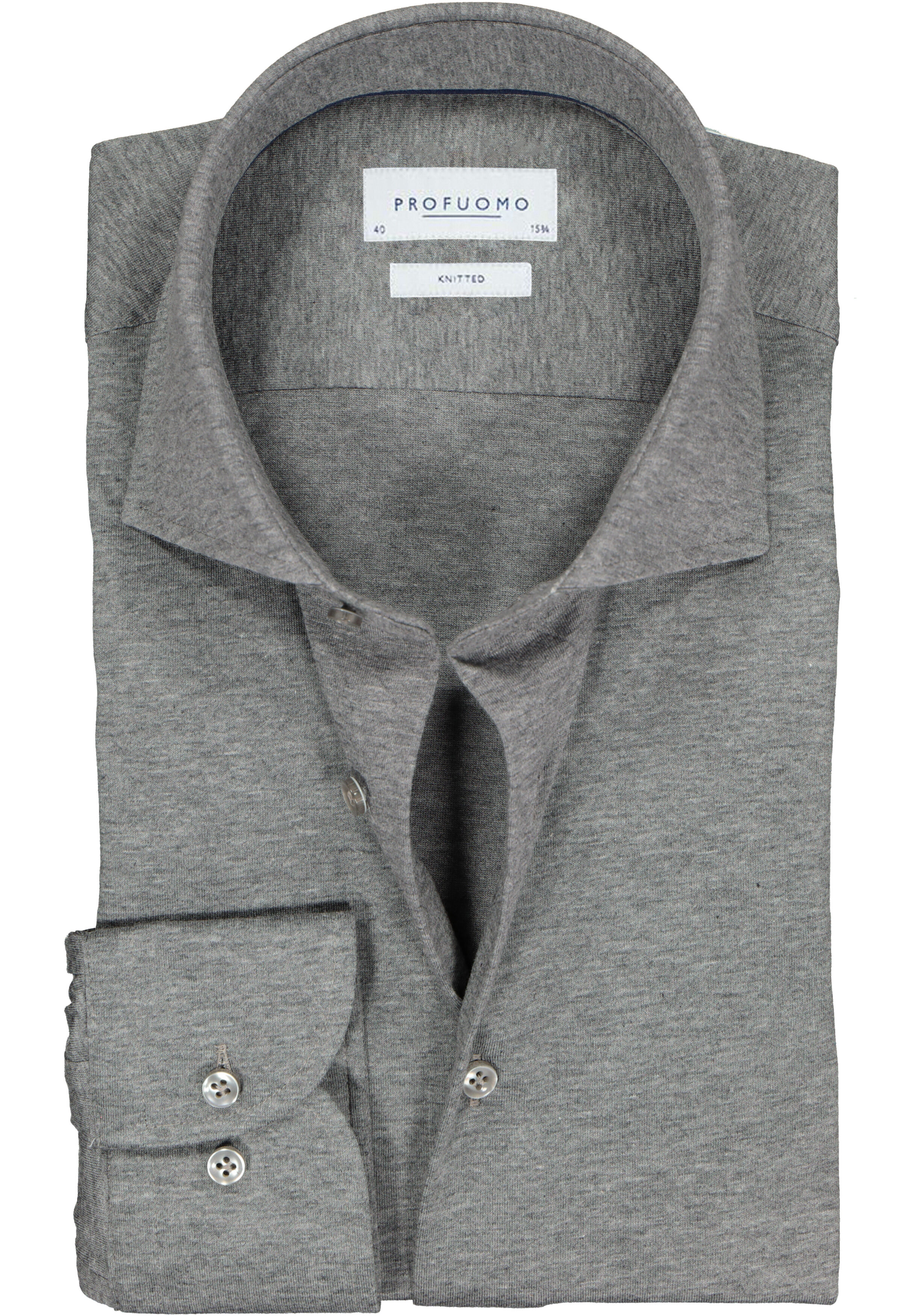 Profuomo slim fit jersey overhemd, knitted shirt, antraciet grijs melange