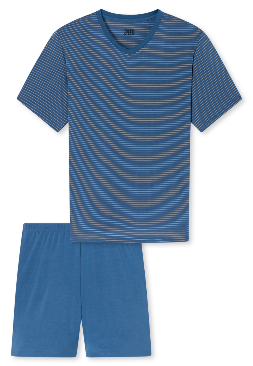SCHIESSER Long Life Soft pyjamaset, heren pyjama short modal V-hals strepen oceaanblauw