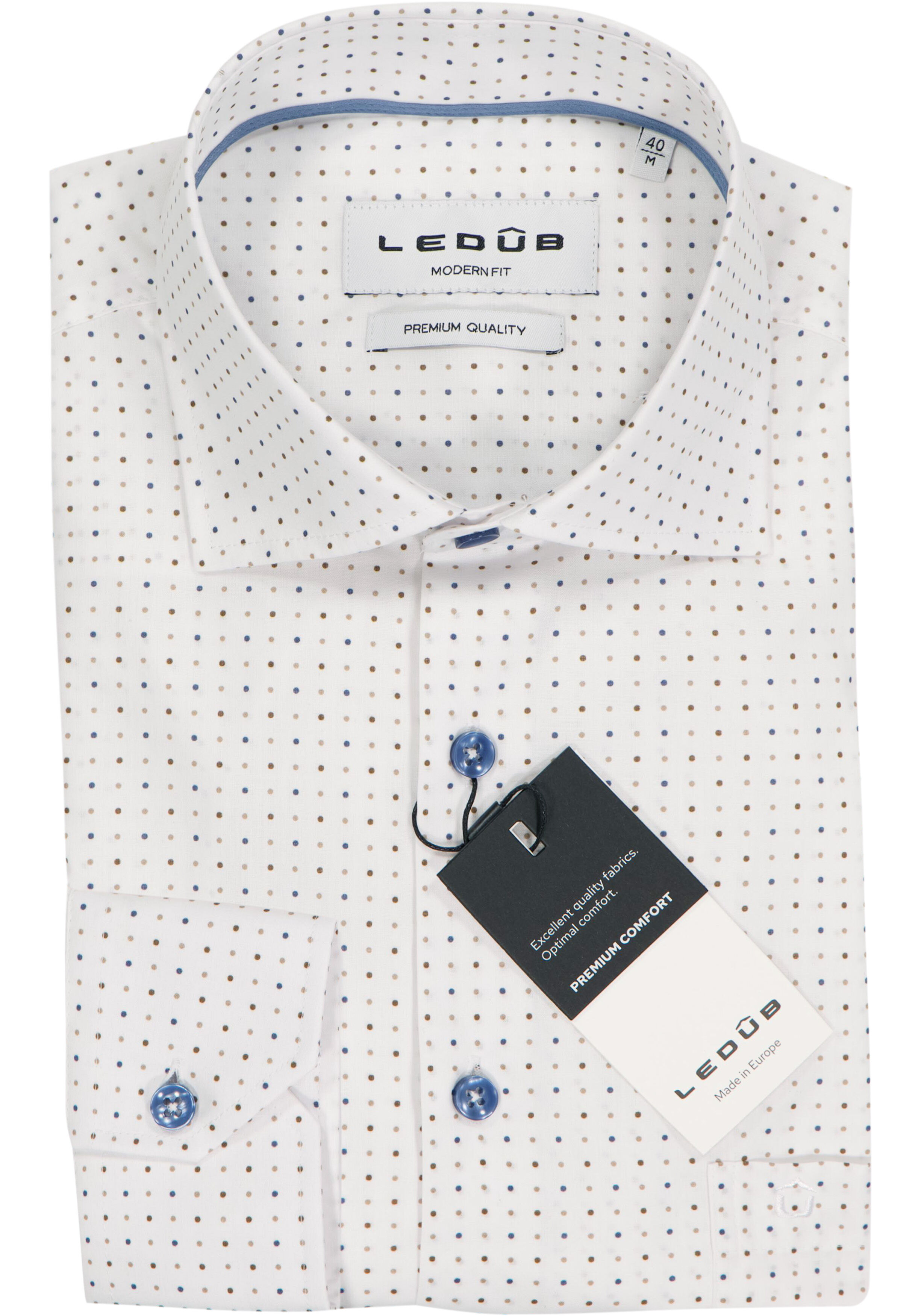 Ledub modern fit overhemd, popeline, wit met blauw, bruin en beige stipjes dessin