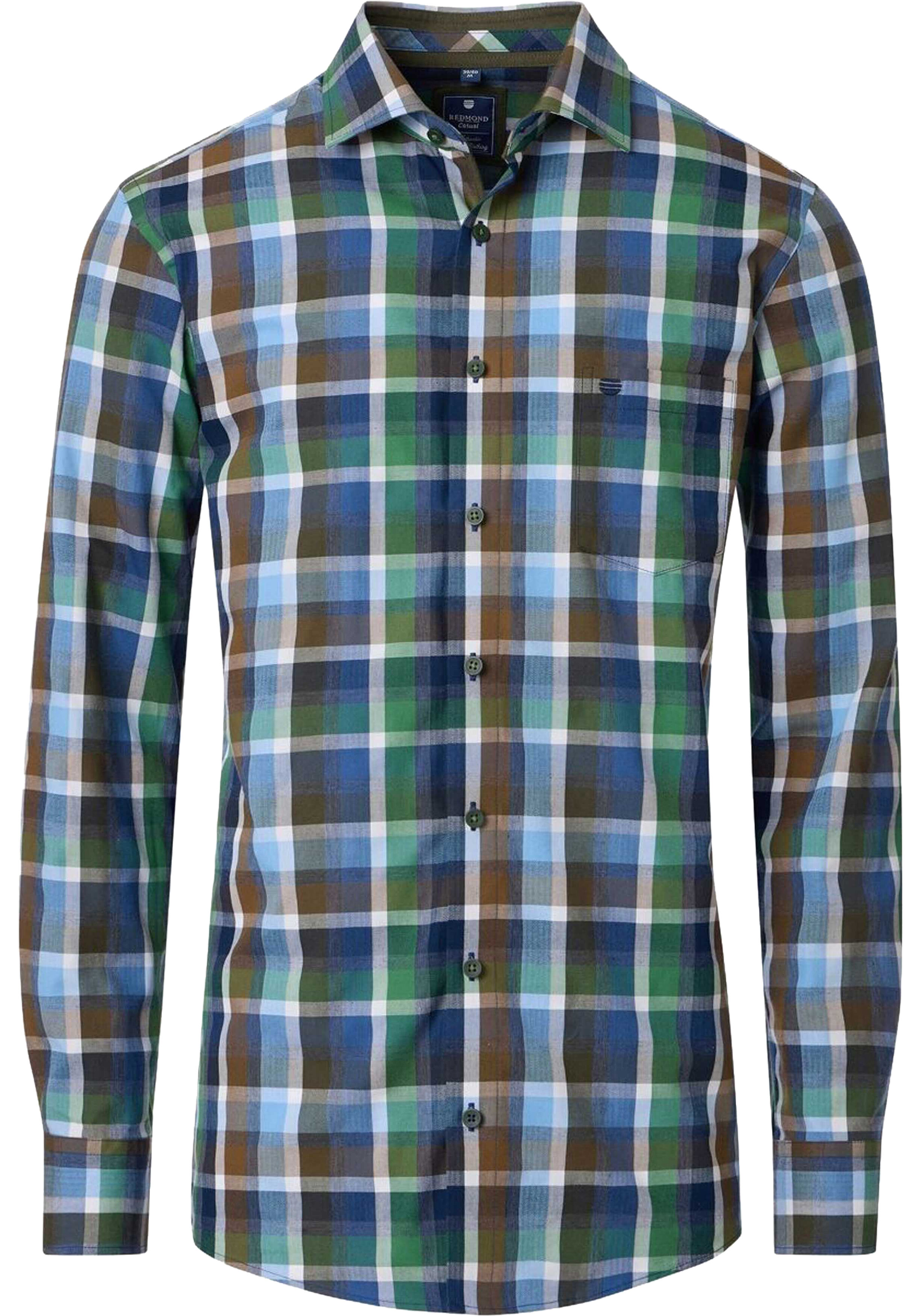 Redmond modern fit overhemd, dobby, groen, blauw, bruin en wit geruit