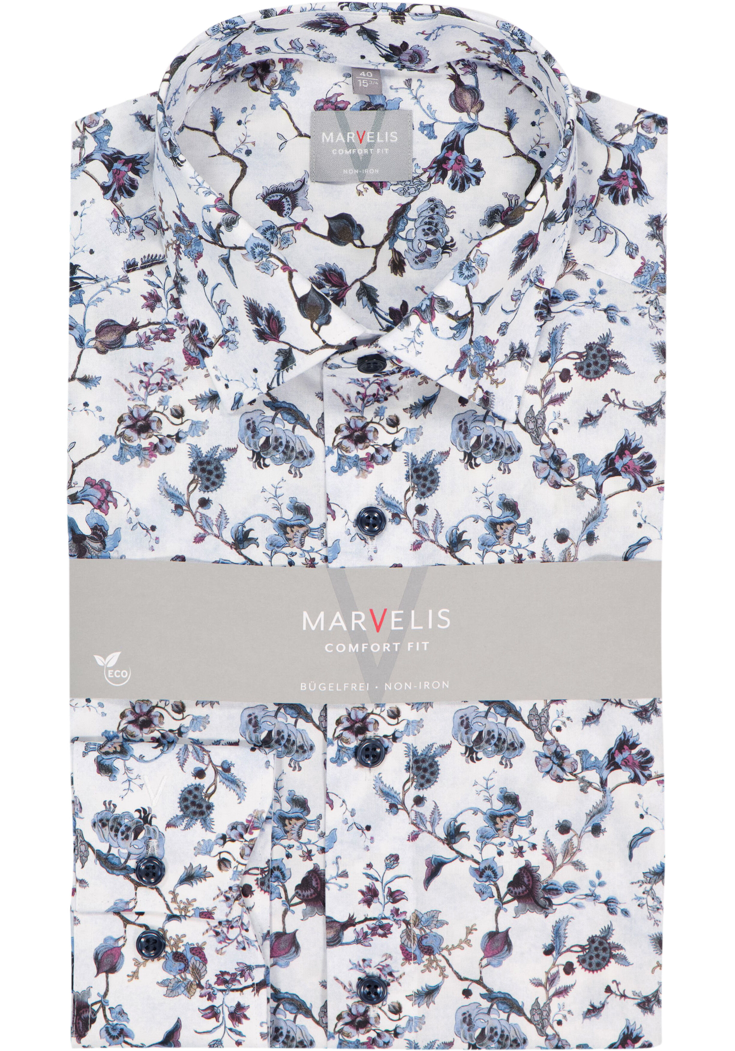 MARVELIS comfort fit overhemd, popeline, wit met blauw, bordeaux en groen bloemen dessin