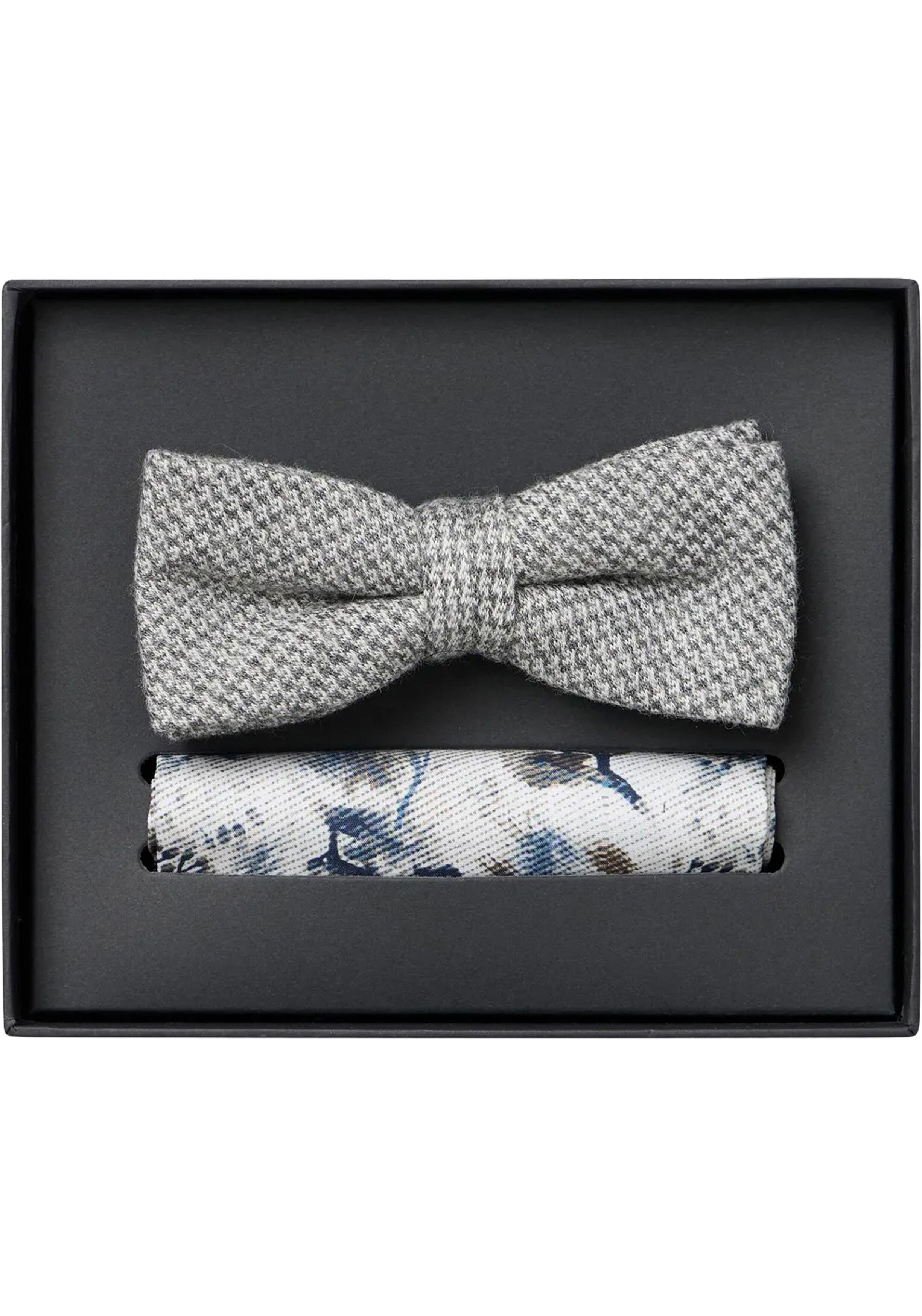 VENTI set met vlinderdas en pochet, grijs, wit, blauw, bruin dessin