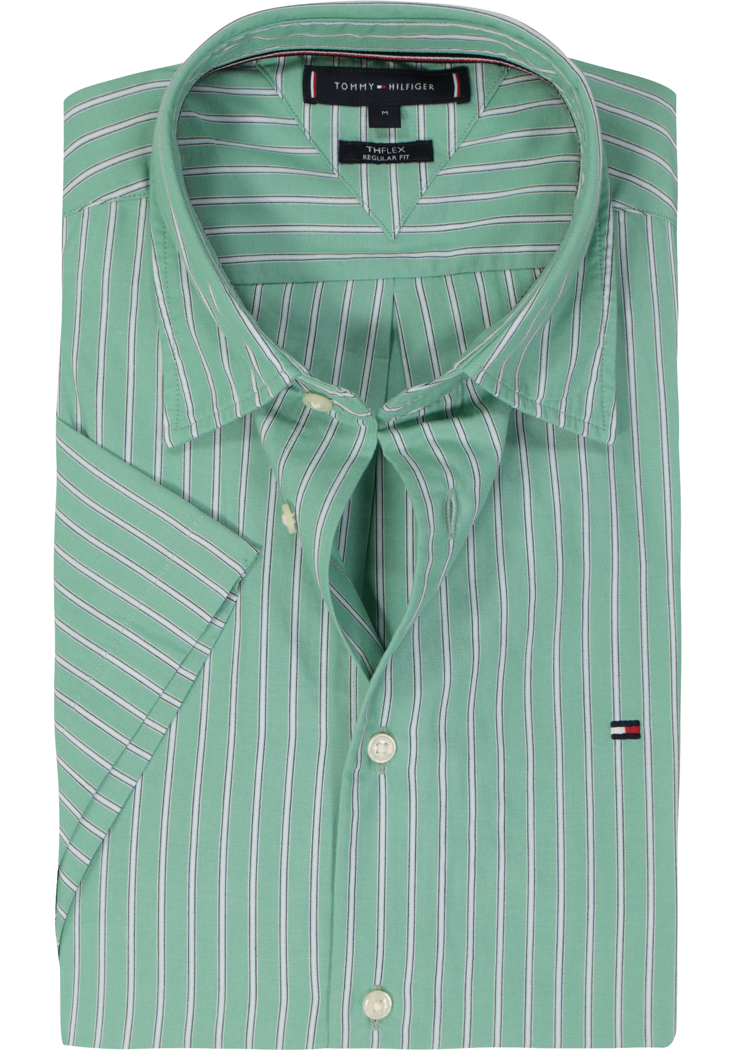 Tommy Hilfiger Flex Poplin Regular Fit Shirt, korte mouw, popeline, groen met wit gestreept