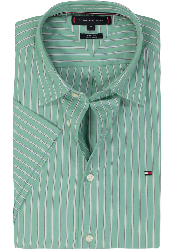 Tommy Hilfiger Flex Poplin Regular Fit Shirt, korte mouw, popeline, groen met wit gestreept Tommy Hilfiger Flex Poplin Regular Fit Shirt, korte mouw, popeline, groen met wit gestreept