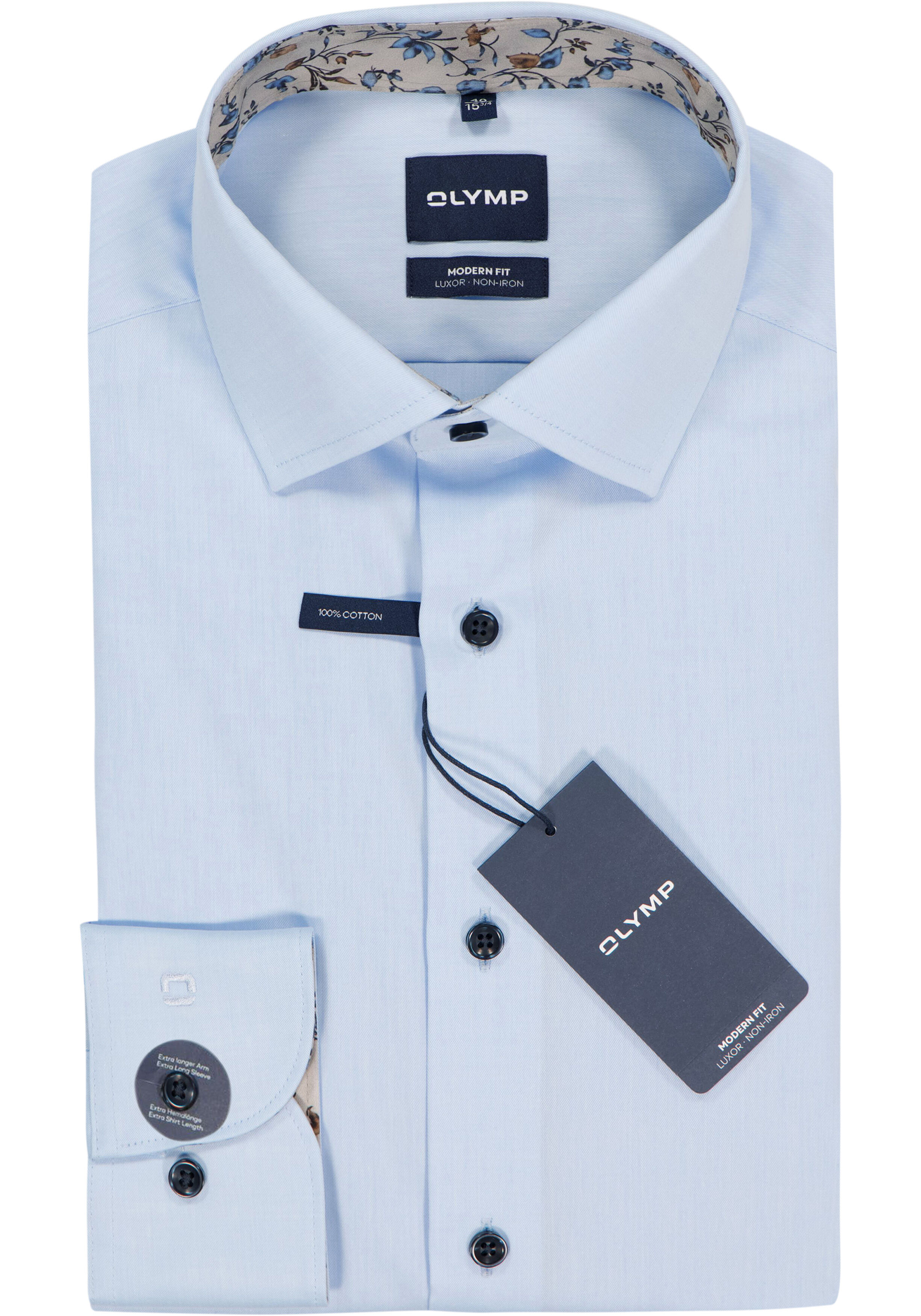 OLYMP Luxor modern fit overhemd, mouwlengte 7, twill, lichtblauw