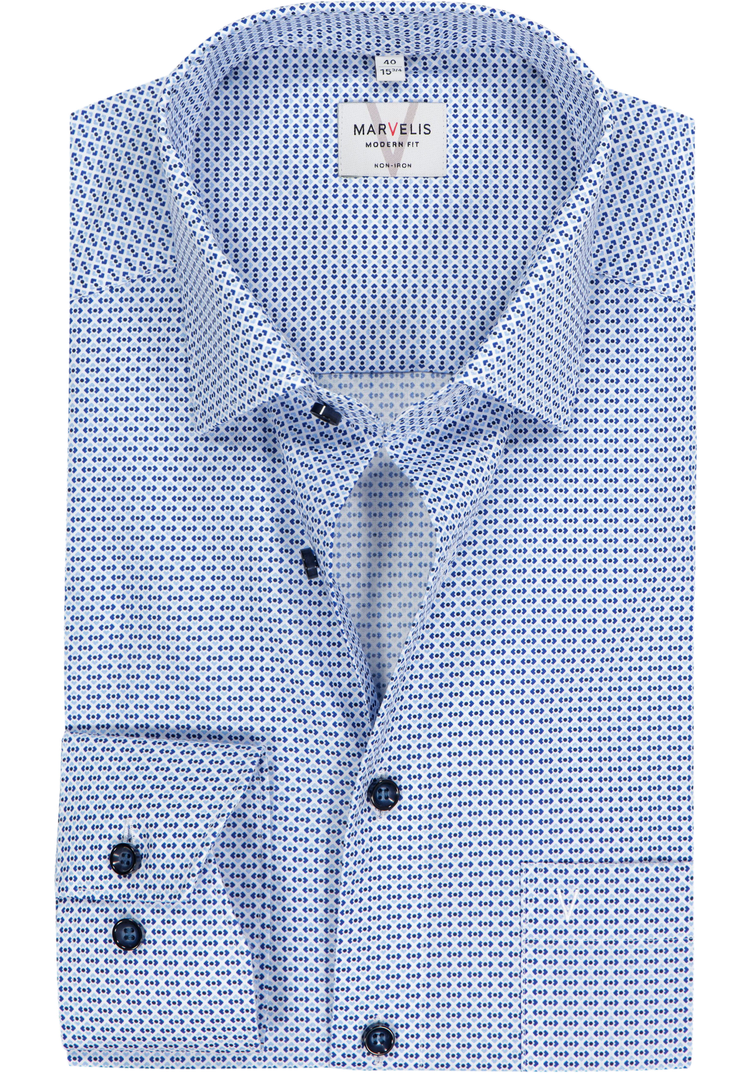 MARVELIS modern fit overhemd, mouwlengte 7, popeline, wit met licht- en donkerblauw dessin