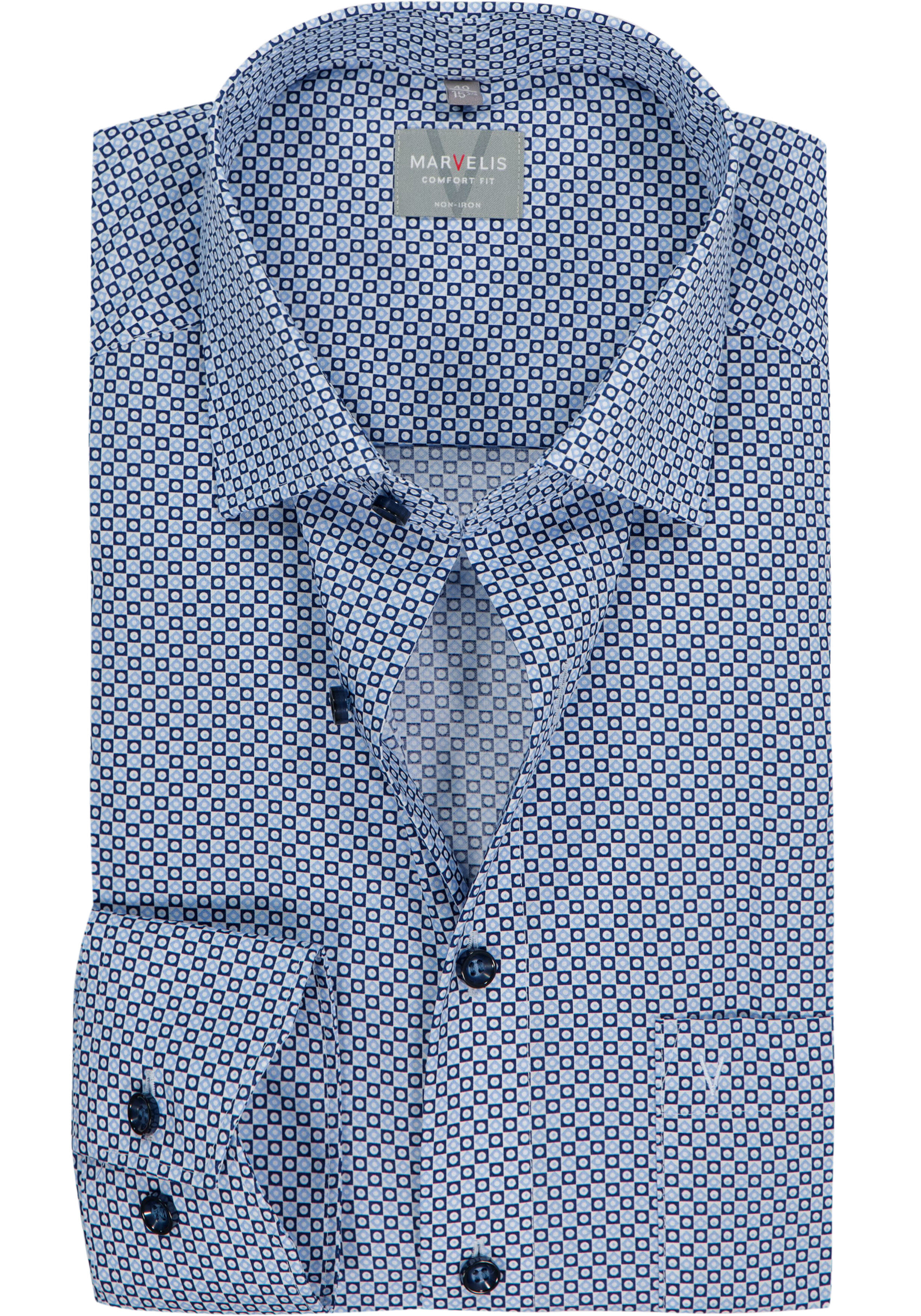 MARVELIS comfort fit overhemd, popeline, wit met licht- en donkerblaw dessin