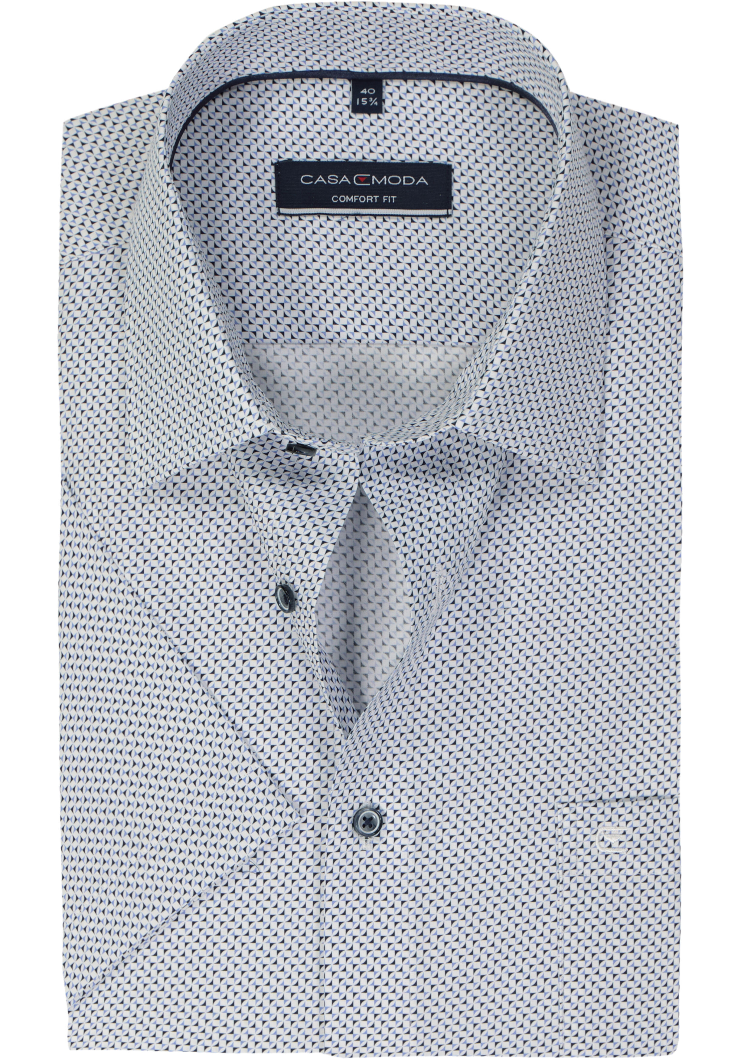 CASA MODA comfort fit overhemd, korte mouw, popeline, wit met licht- en donkerblauw dessin