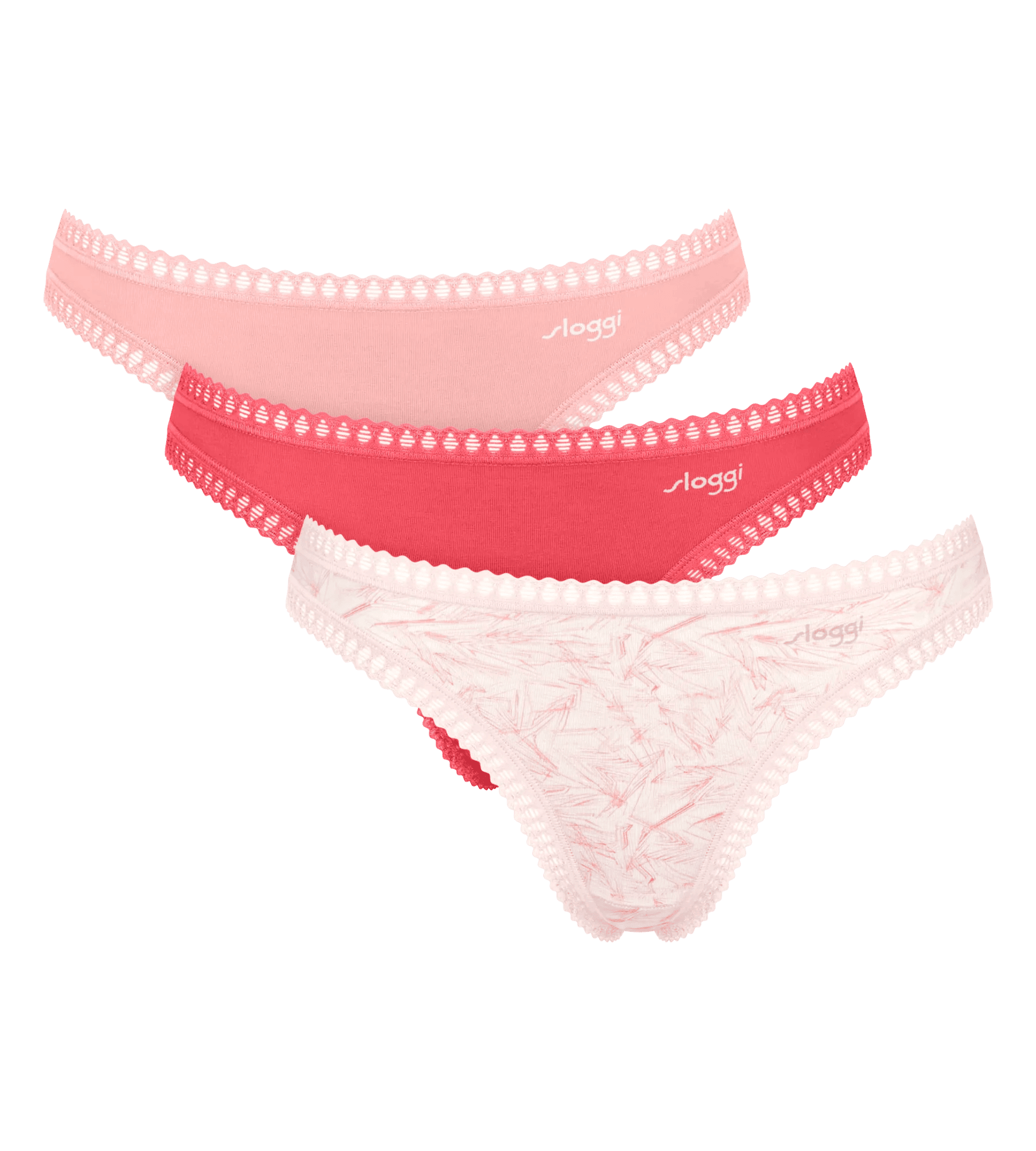 Sloggi Women GO Crush String (3-pack), dames string, lichroze, flamingo roze en roze met wit dessin