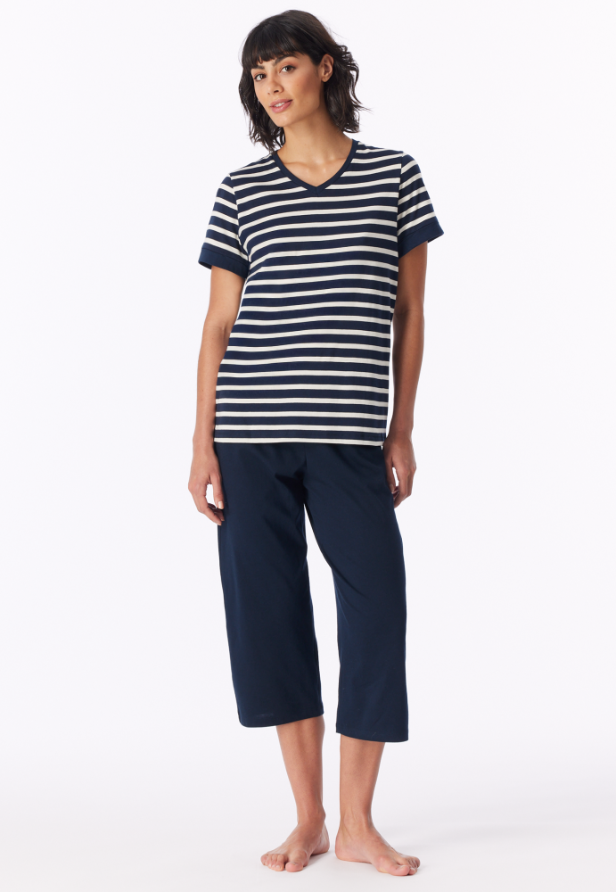 SCHIESSER dames Cotton Essentials Pyjama lang, dames pyjama set, nachtblauw gestreept