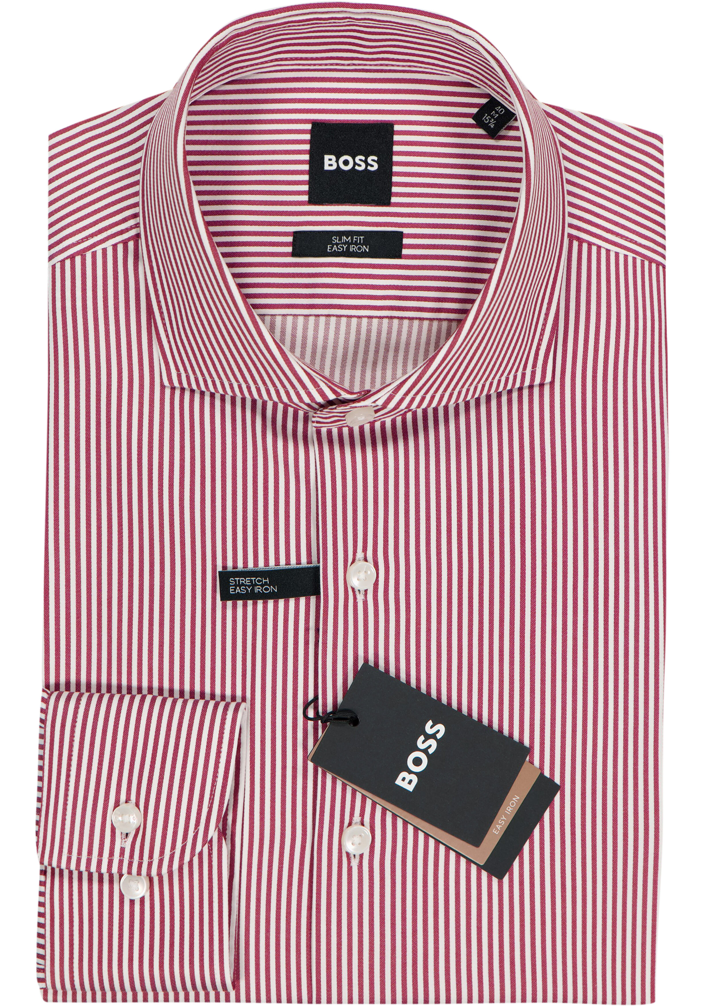 BOSS Hank slim fit overhemd, popeline, donkerrood met wit gestreept