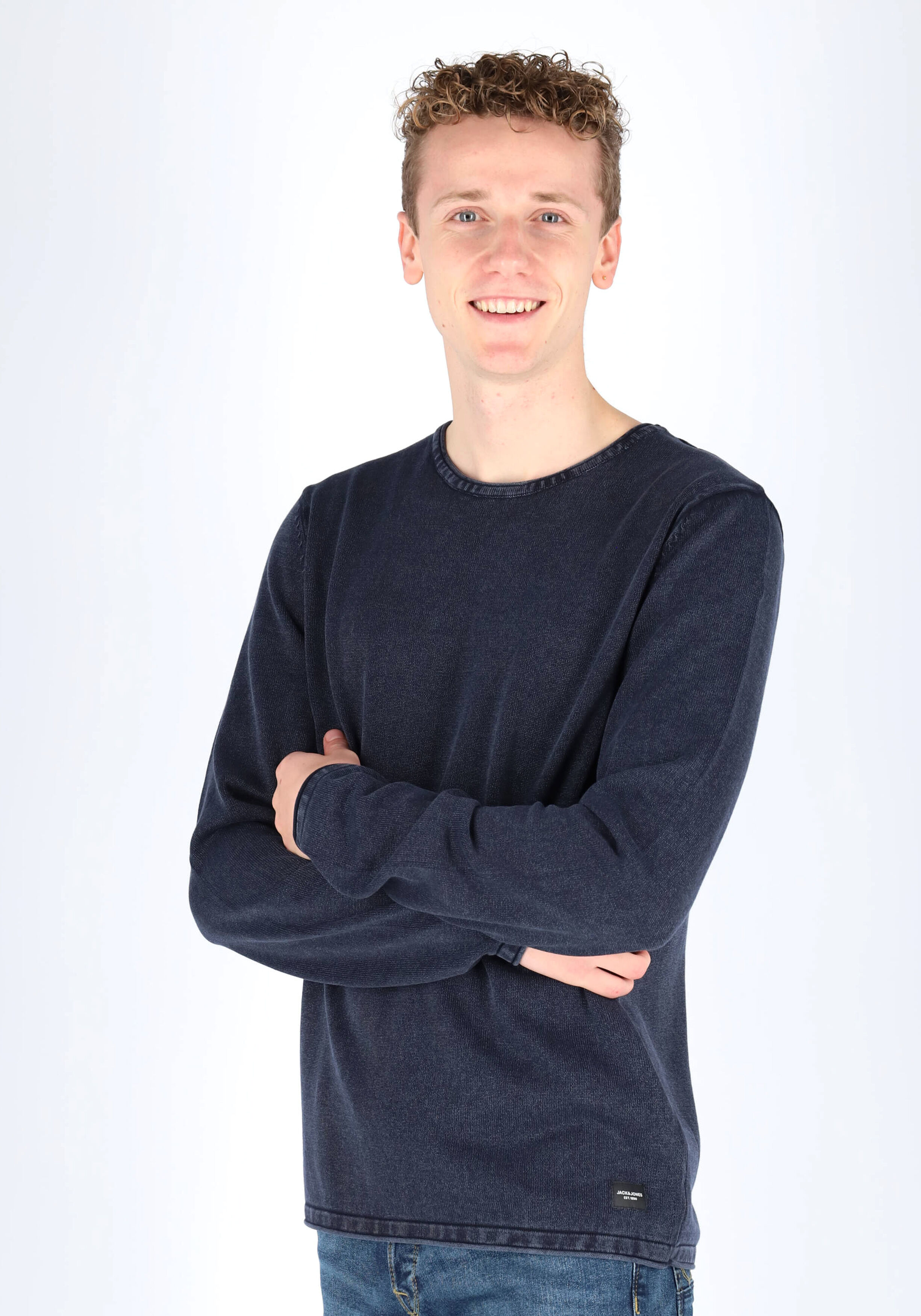 JACK & JONES slim fit trui katoen, O-hals, verwassen donkerblauw
