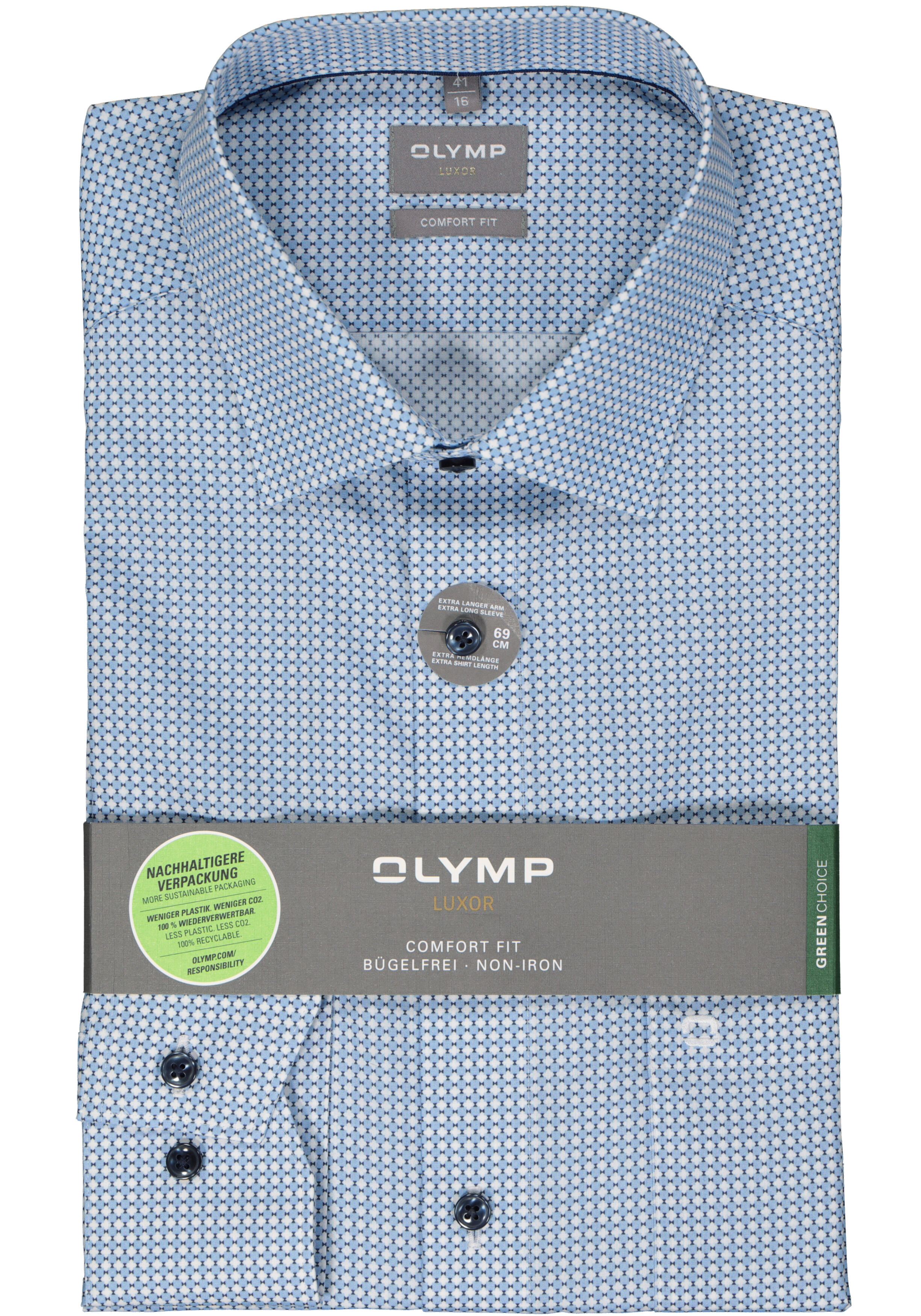 OLYMP comfort fit overhemd, mouwlengte 7, popeline, wit met blauw dessin
