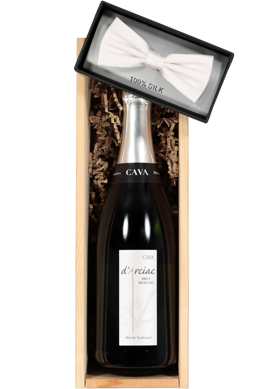Heren cadeaubox Cava Bubbels met een wit strikje  Heren cadeaubox Cava Bubbels met een wit strikje
