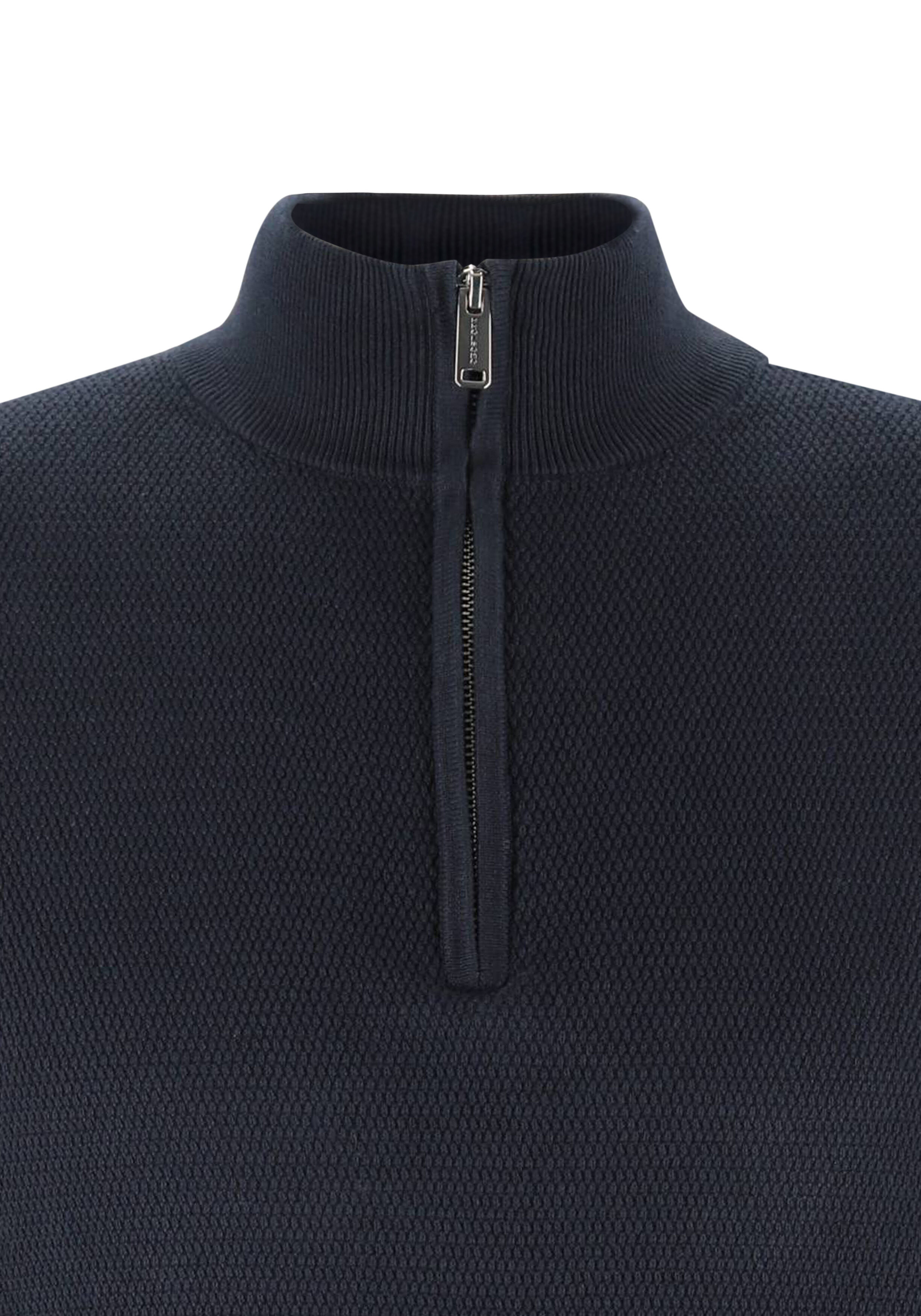 Profuomo heren trui katoen, slim fit trui met korte rits, donkerblauw