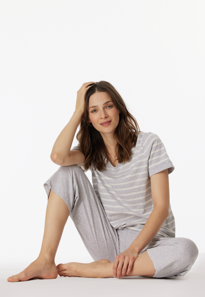 SCHIESSER dames Cotton Essentials Pyjama lang, dames pyjama set, zilvergrijs melange gestreept