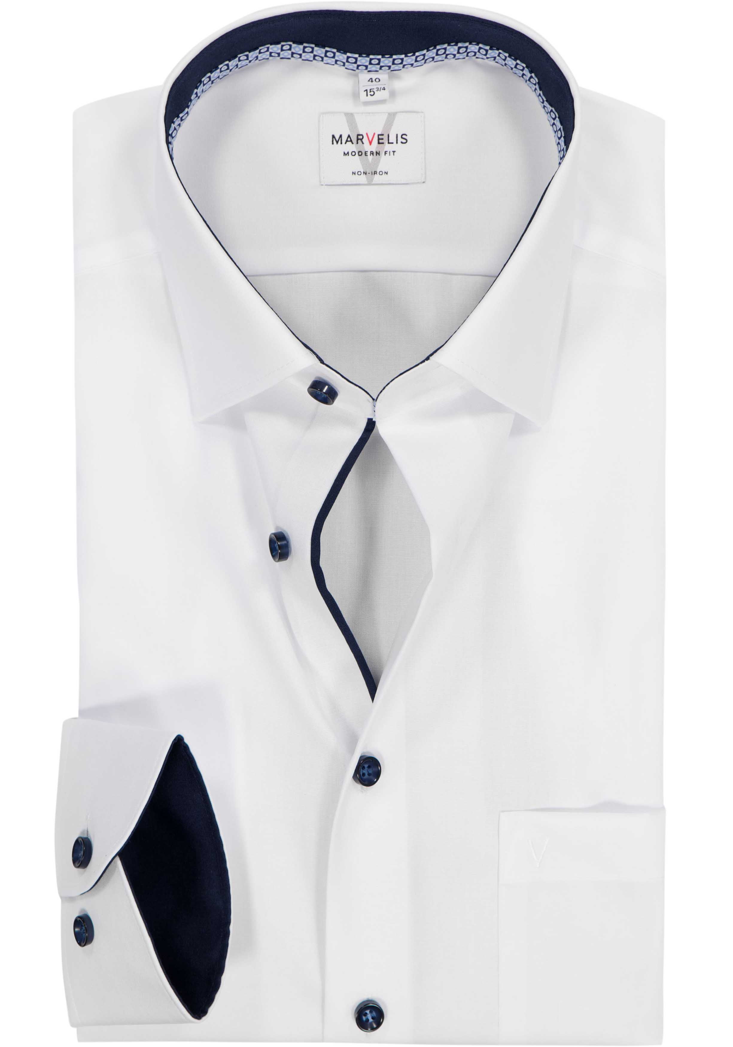 MARVELIS modern fit overhemd, popeline, wit met blauw contrast en knopen