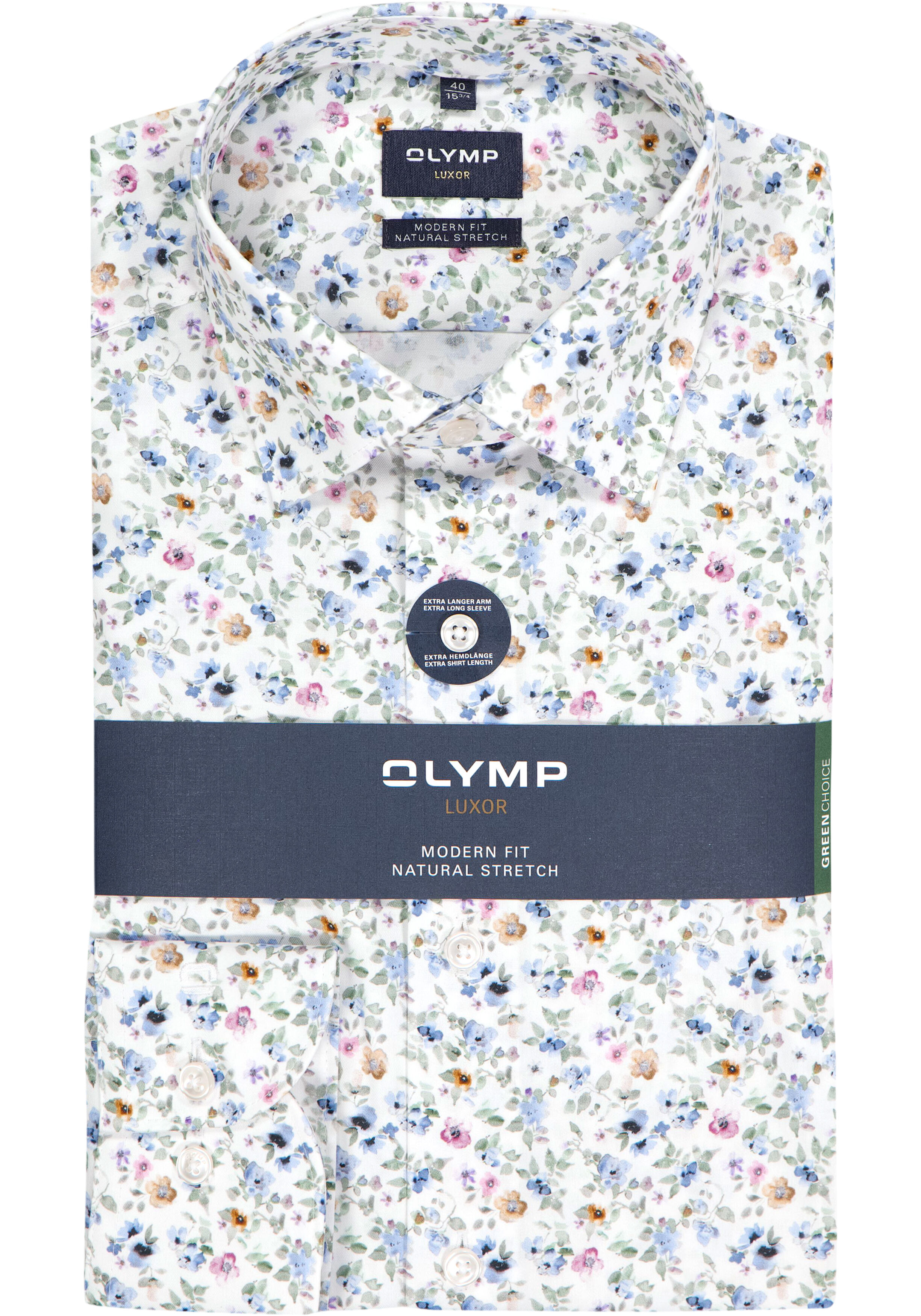 OLYMP Luxor modern fit overhemd, mouwlengte 7, dobby, wit met blauw en roze bloemetjes dessin