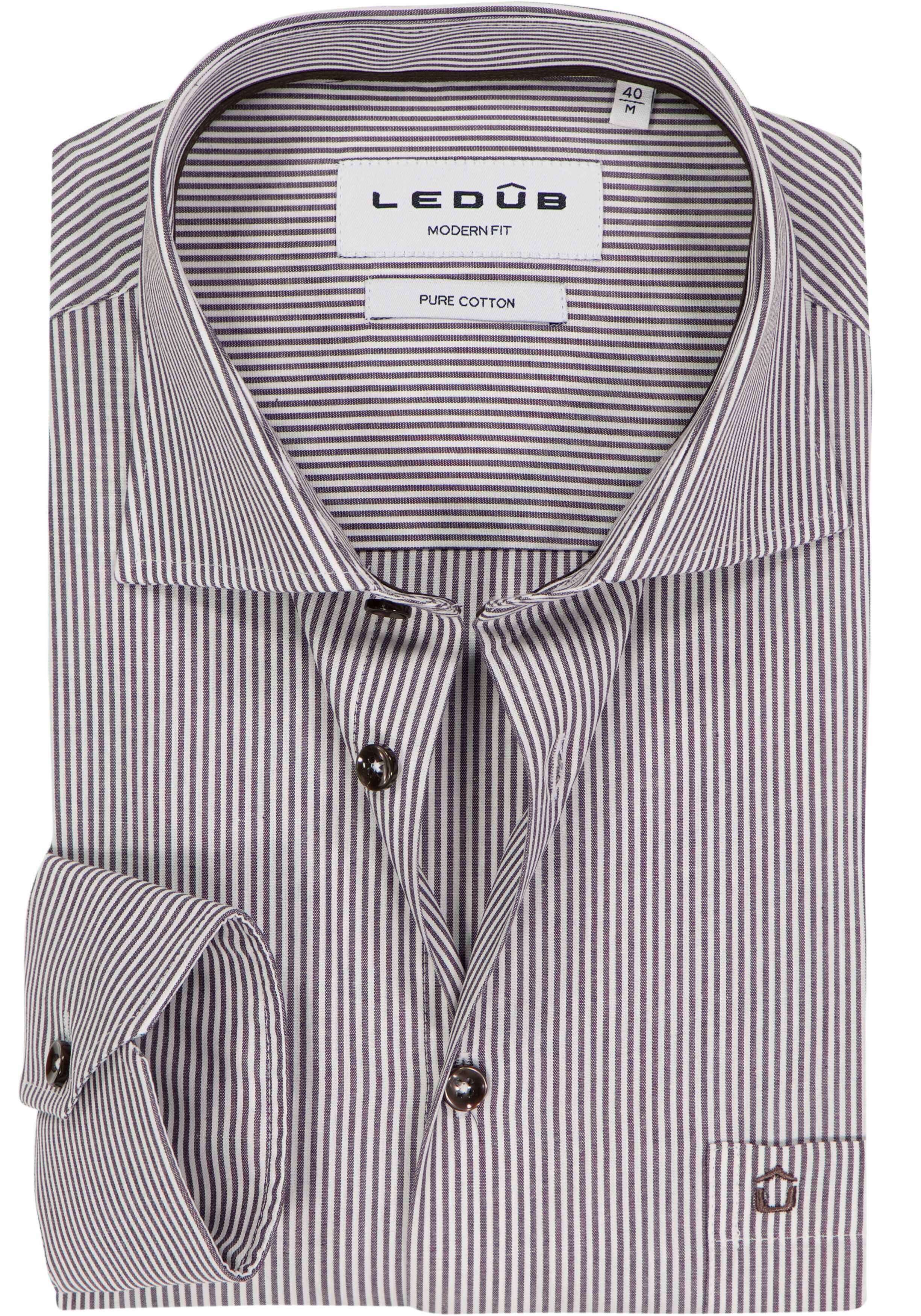 Ledub modern fit overhemd, popeline, donkerbruin gestreept